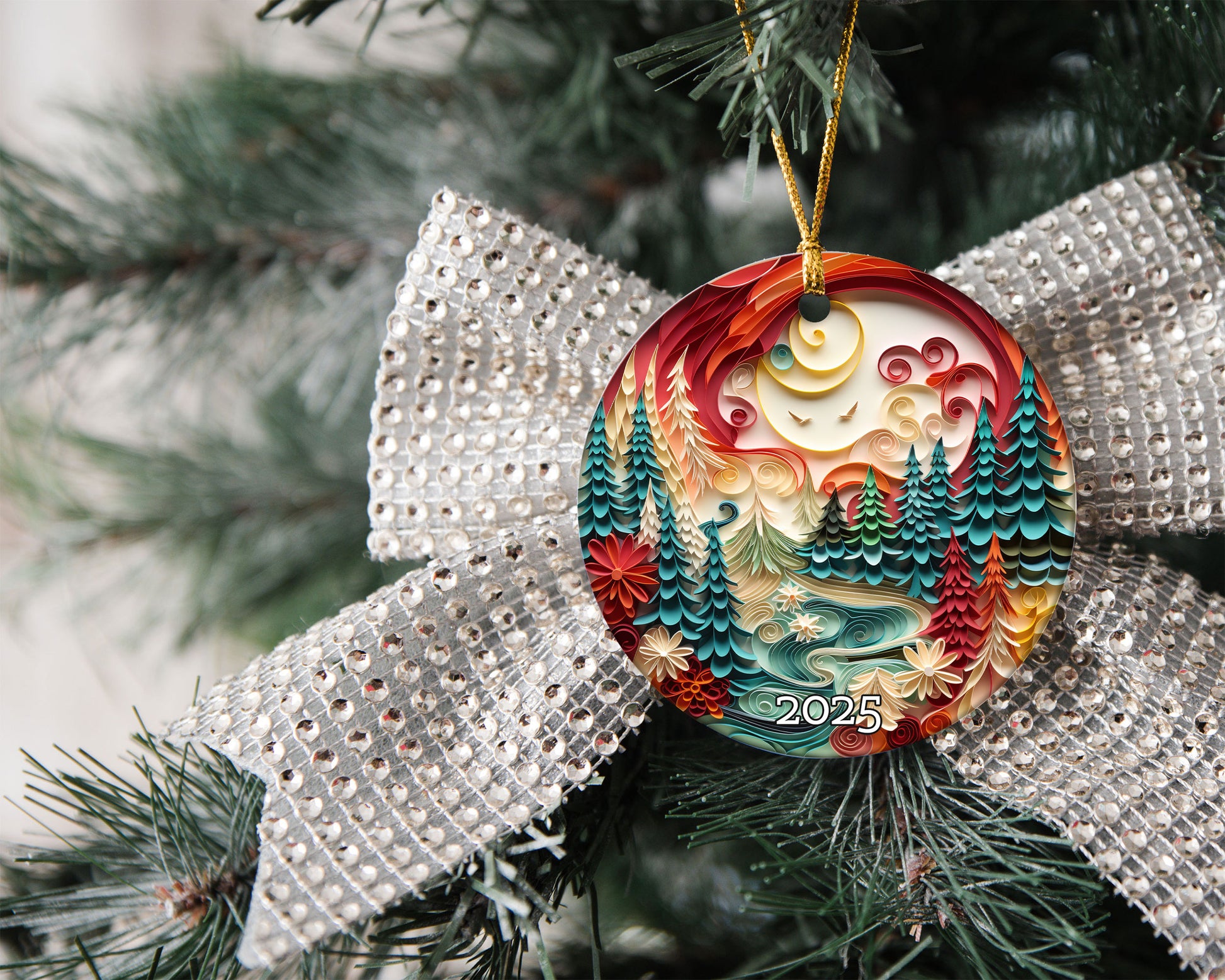 Vibrant Woodland Scene Artistic Christmas Ceramic Ornament