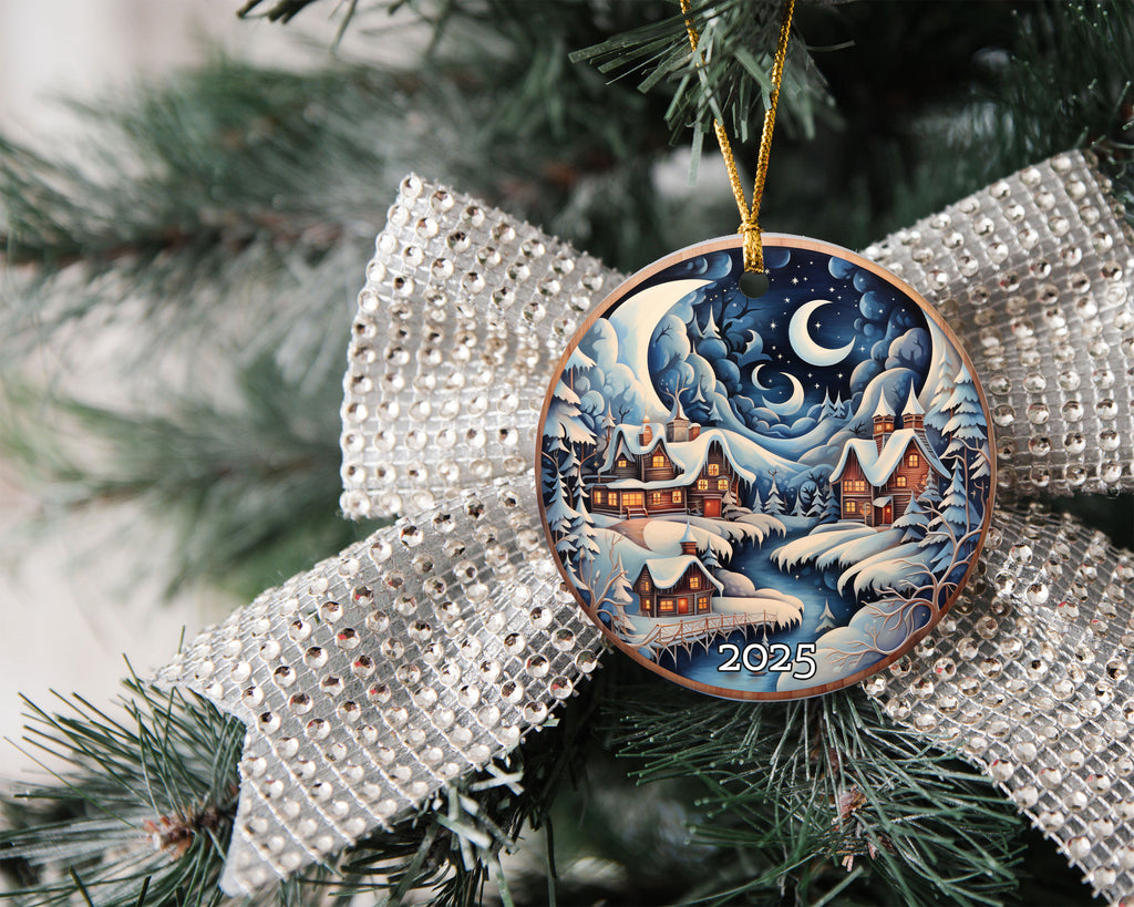 Snowy Village Under Moon and Stars Christmas Ornament