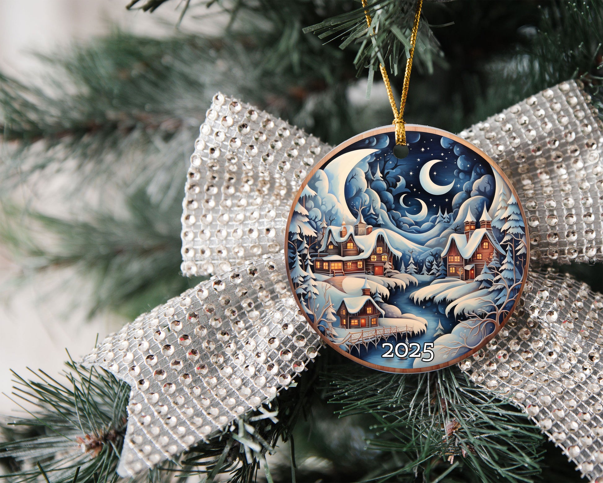 Snowy Village Under Moon and Stars Christmas Ornament