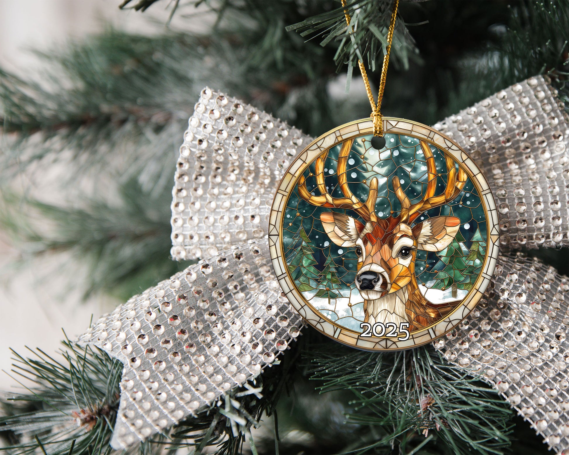 Rustic Deer Stained Glass Ornament, Perfect Gift Exchange, Christmas Tree Decoration