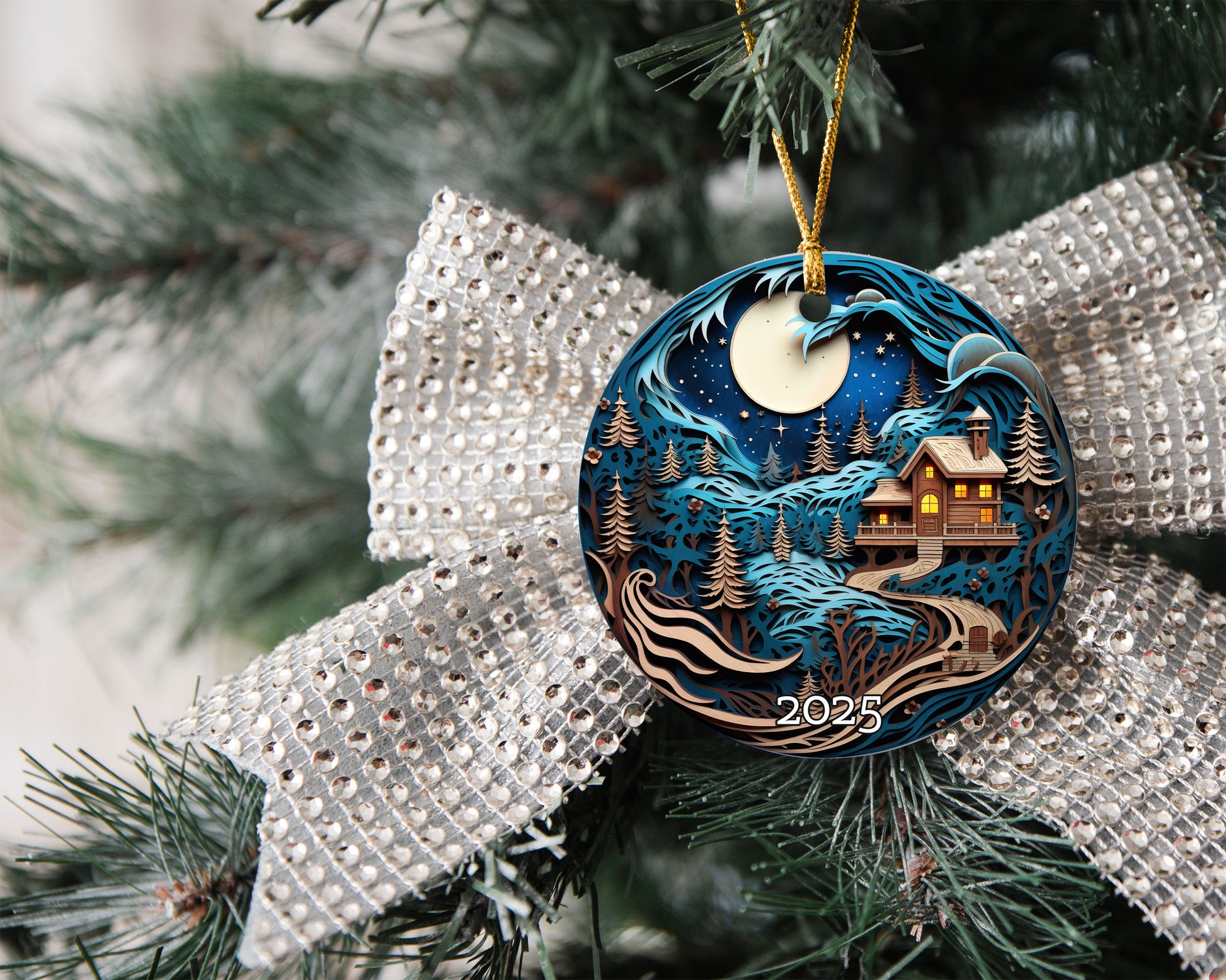 Moonlit Cabin in Snowy Forest Christmas Ornament, Holiday Decor