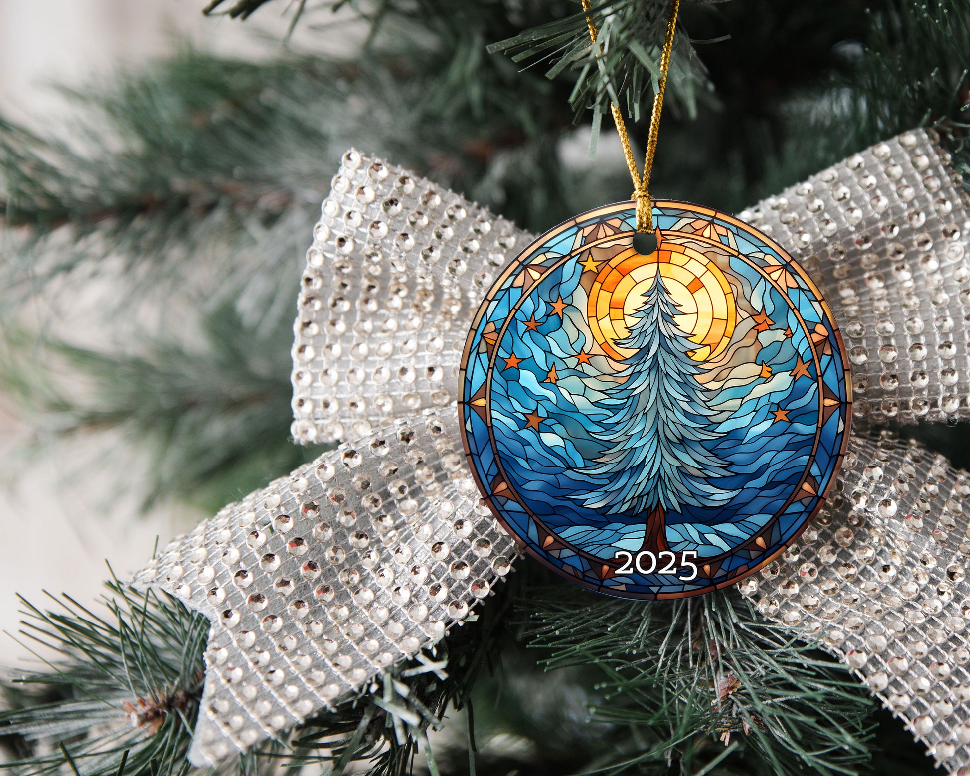 Christmas Tree Blue Tone Stained Glass Style Ceramic Ornament, Holiday Gift Exchanged