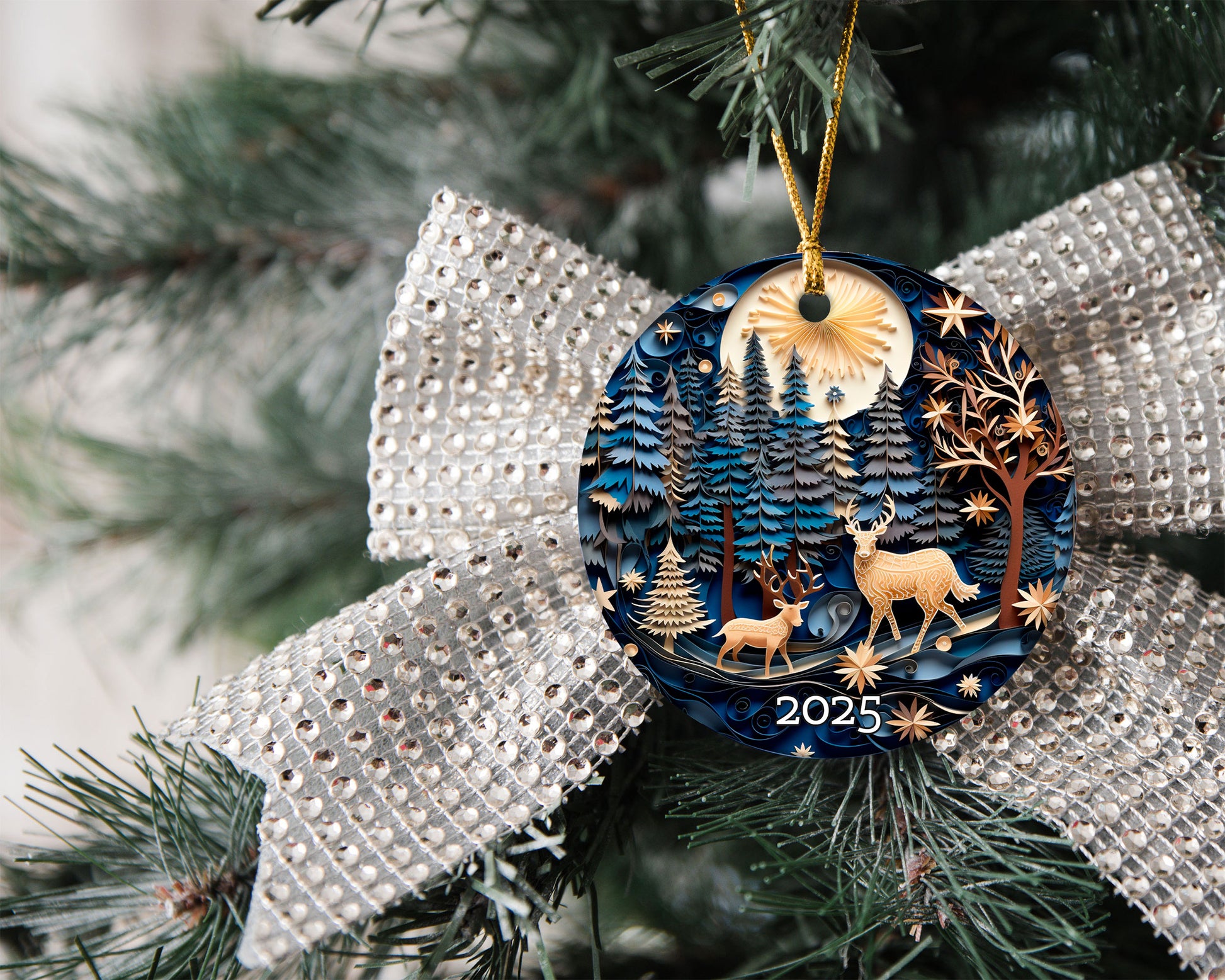 Forest Deer Layered Paper Art Christmas Ornament, Holiday Decor, Woodland Gift Exchanged