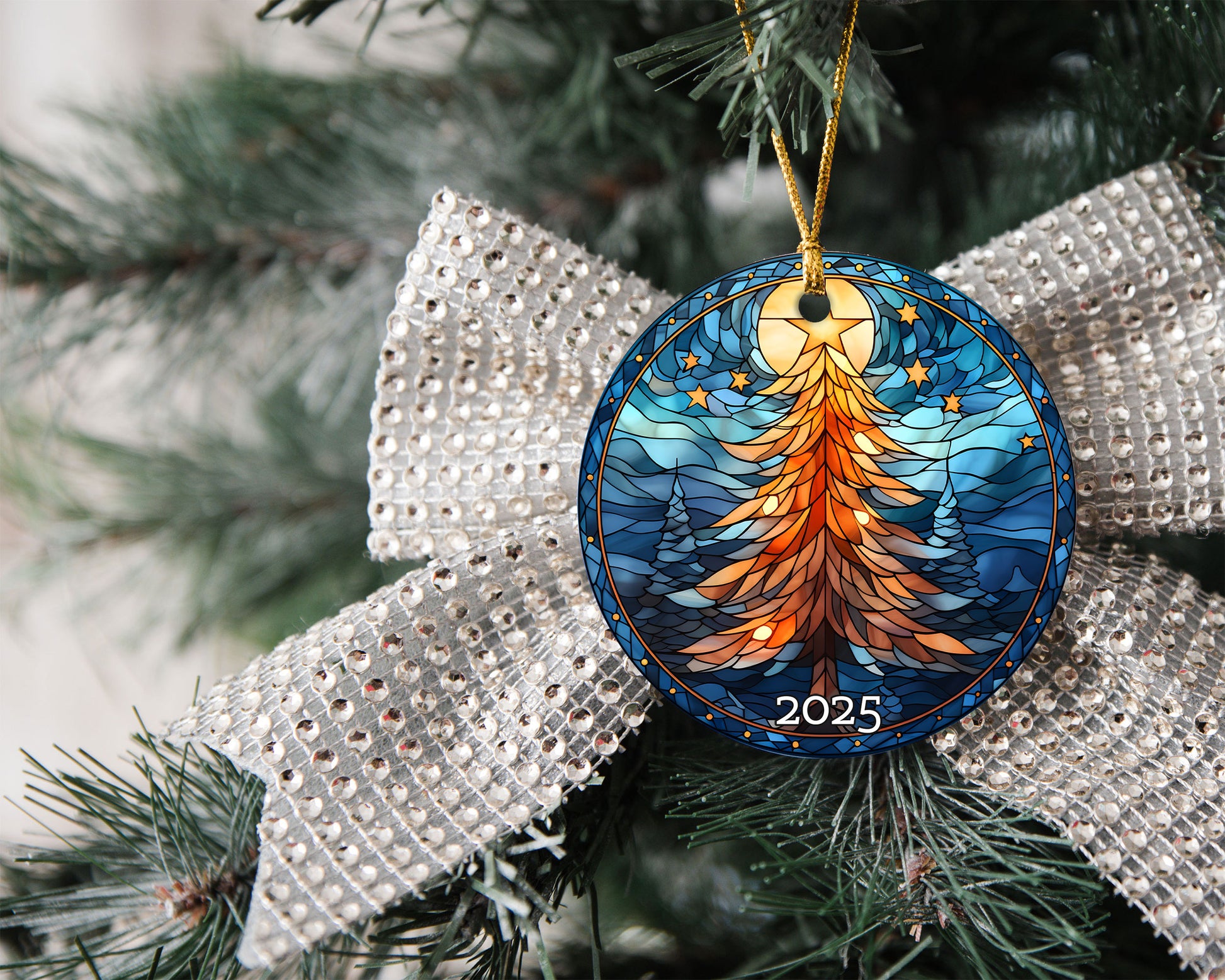 Christmas Tree Stained Glass Style Ceramic Ornament, Family Gift Exchanged, Holiday Decor