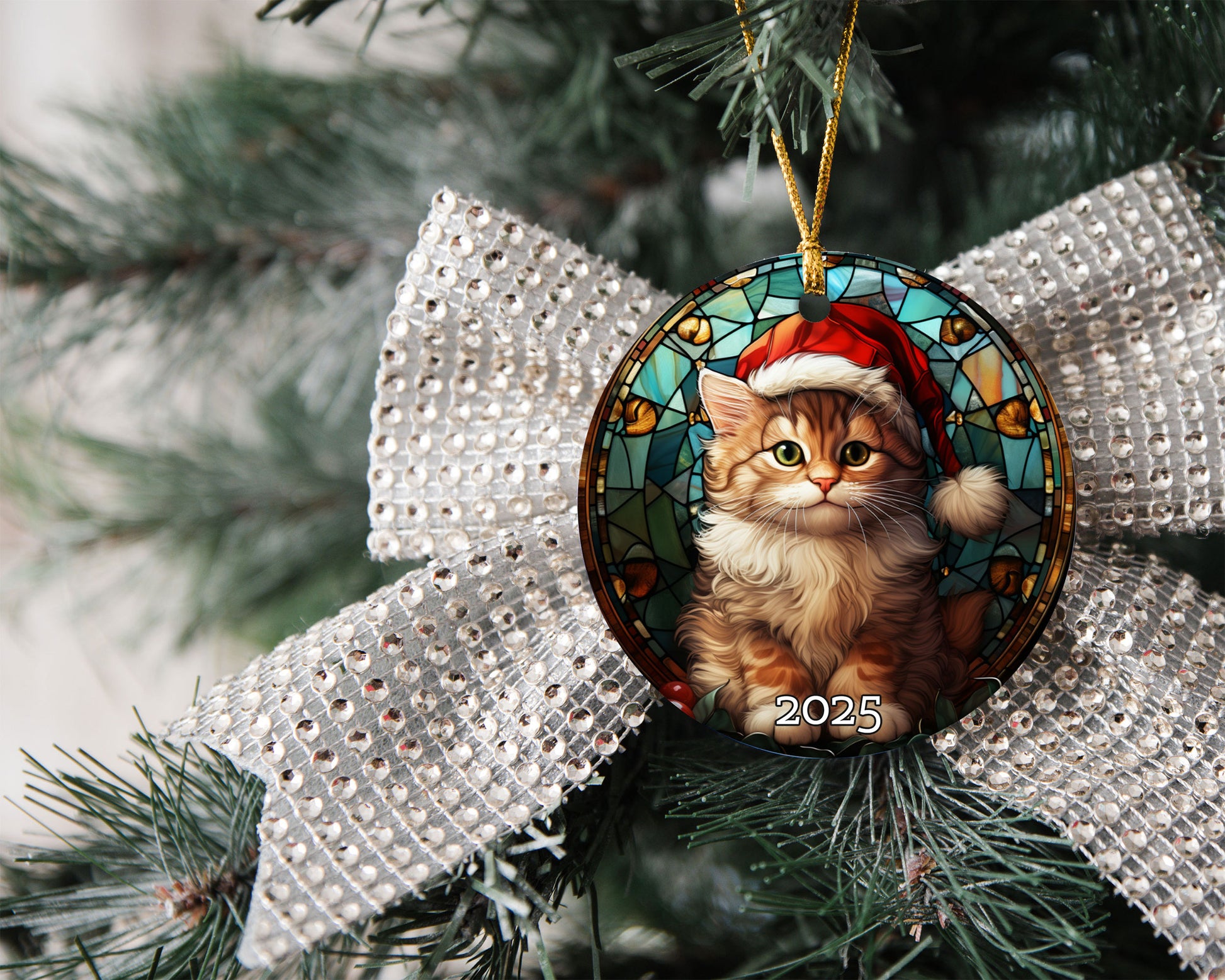 Merry Christmas Cat Stained Glass Ornament, 3D Ornament, Christmas Cat Decor, Cat Lover Cat Mom Gift