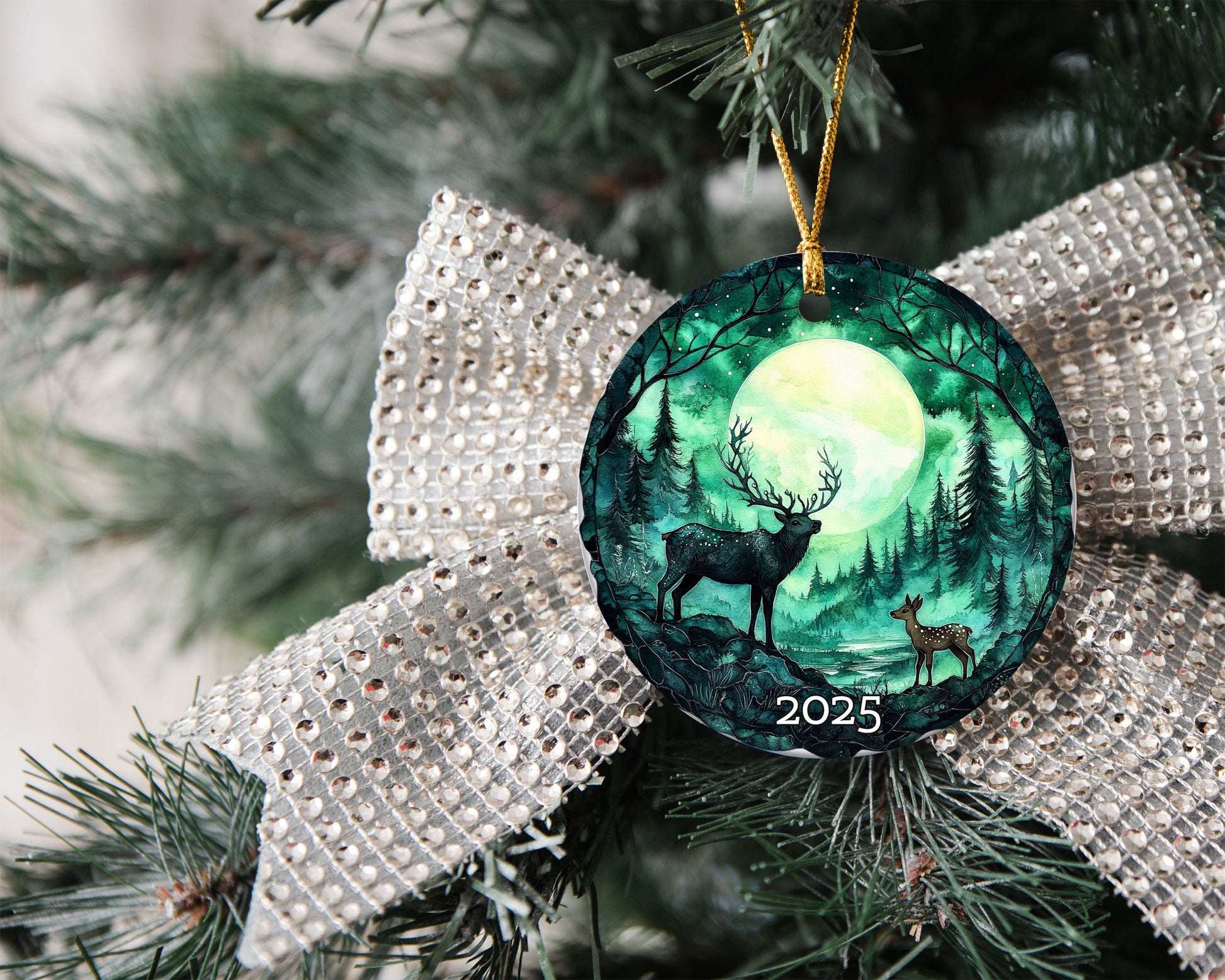 Moonlit Forest Deer Ornament 2025, Winter Scene Christmas Keepsake, Holiday Decor