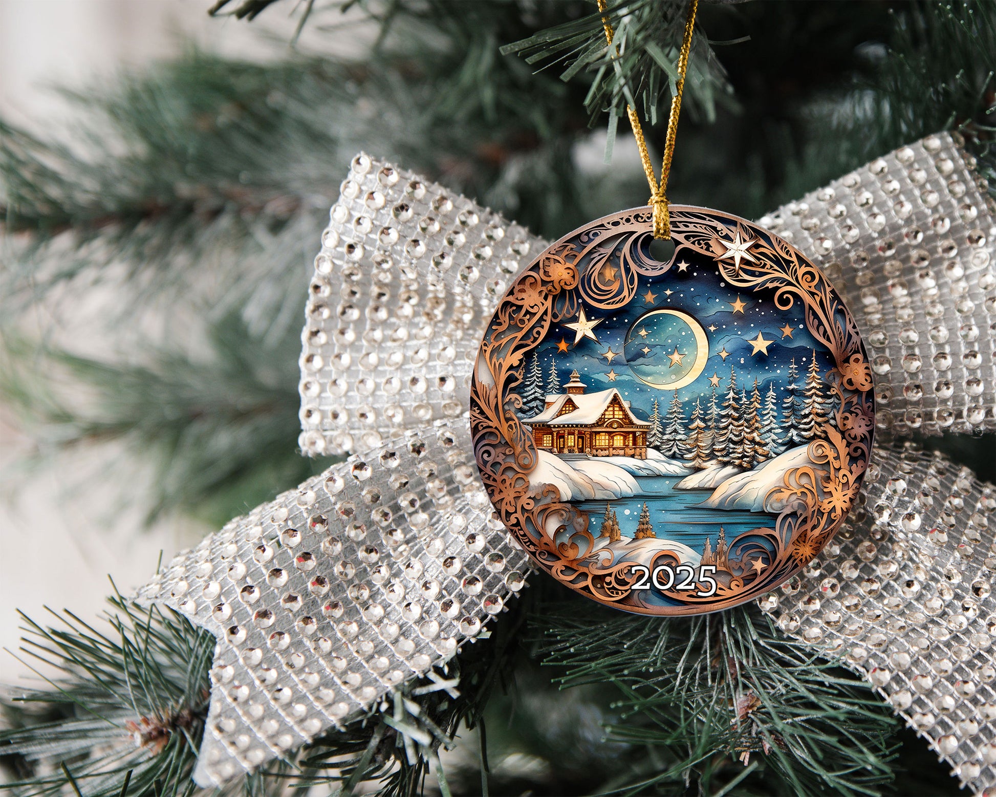 Vintage Cozy Cabin Christmas Ornament, Gift For Family, Tree Ornament