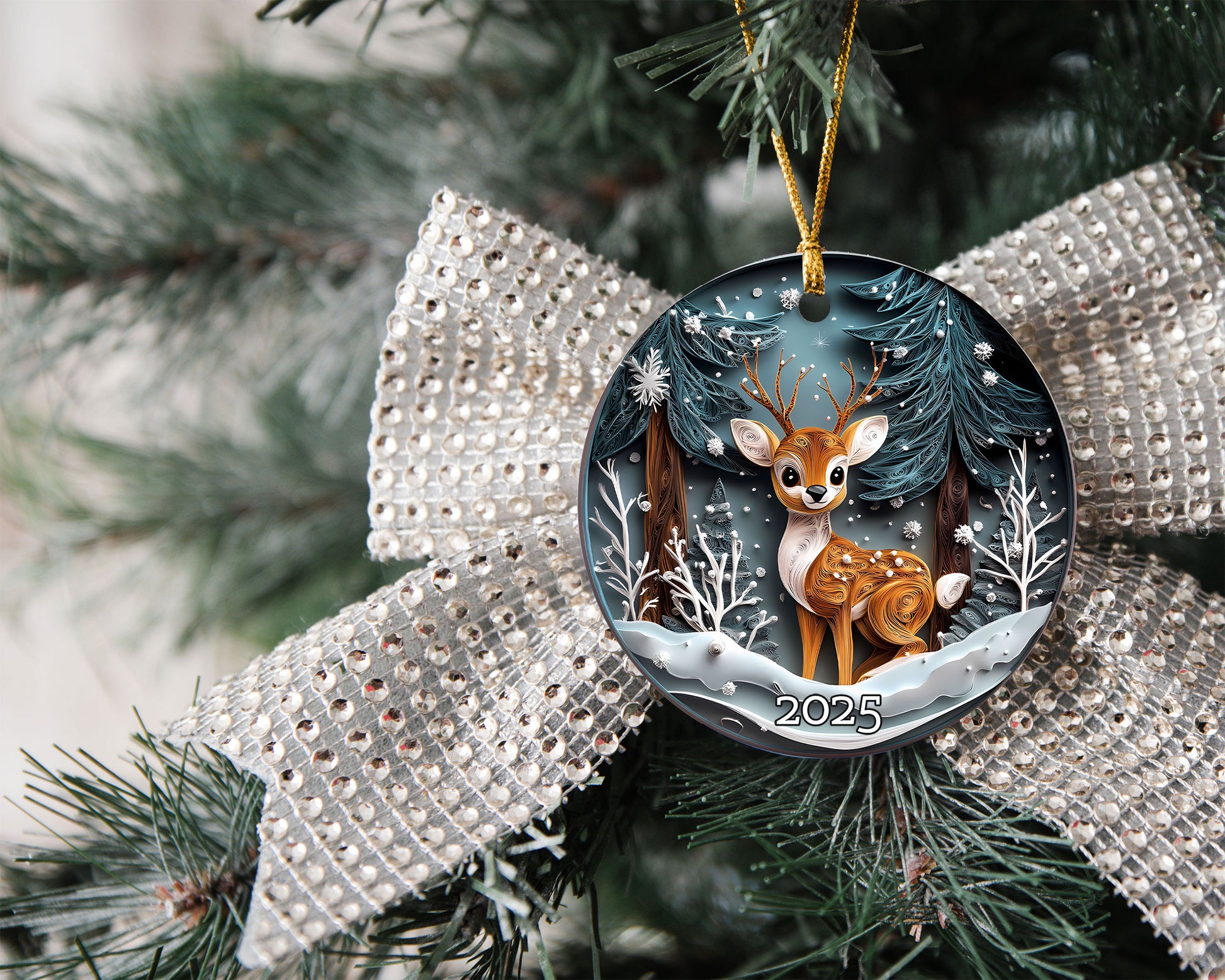 Winter Deer Woodland Ornament, Forest Animal Ornament, Christmas Ornament