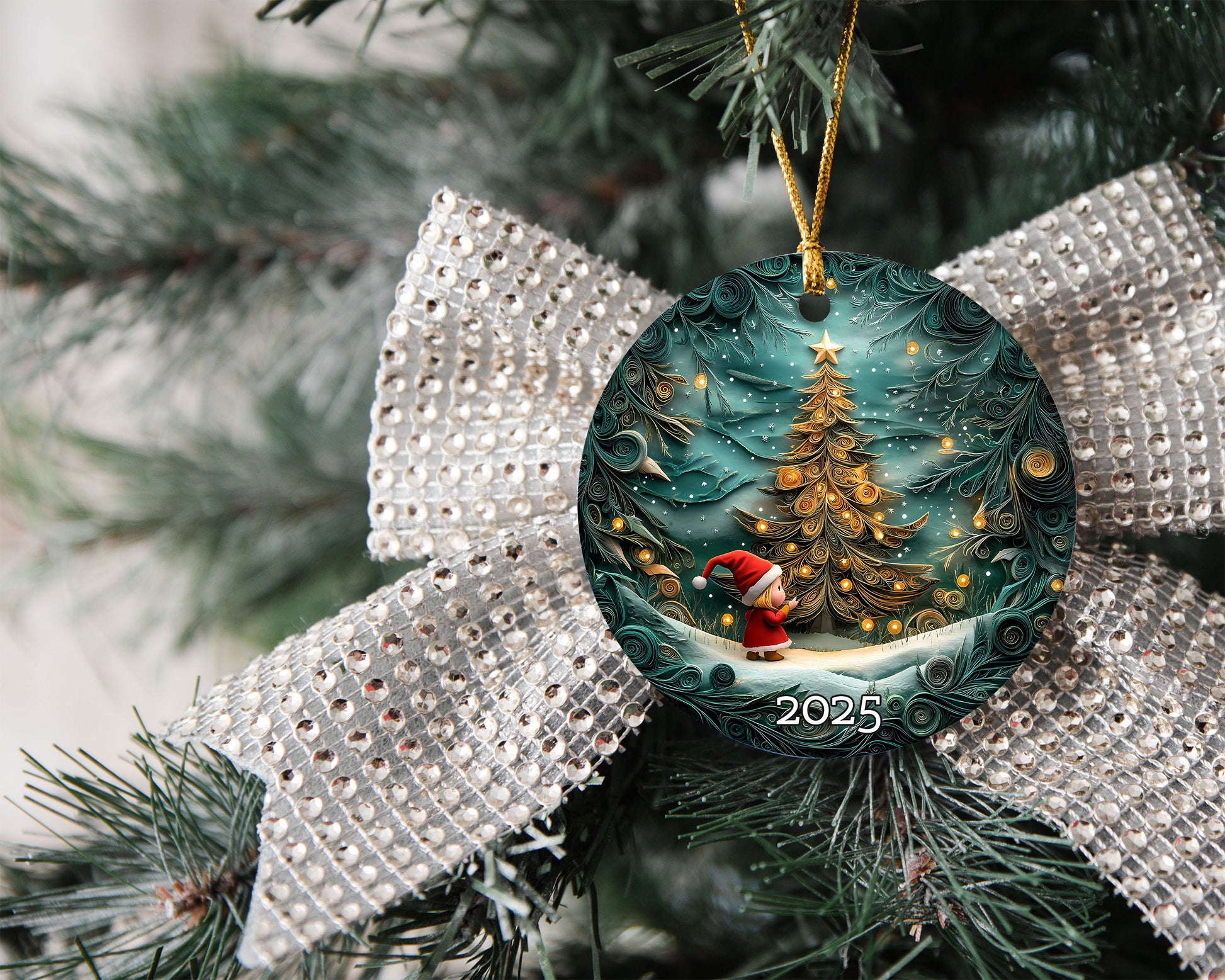 Christmas Tree Art Ornament, Holiday Decor, Winter Scene, Unique Gift Idea