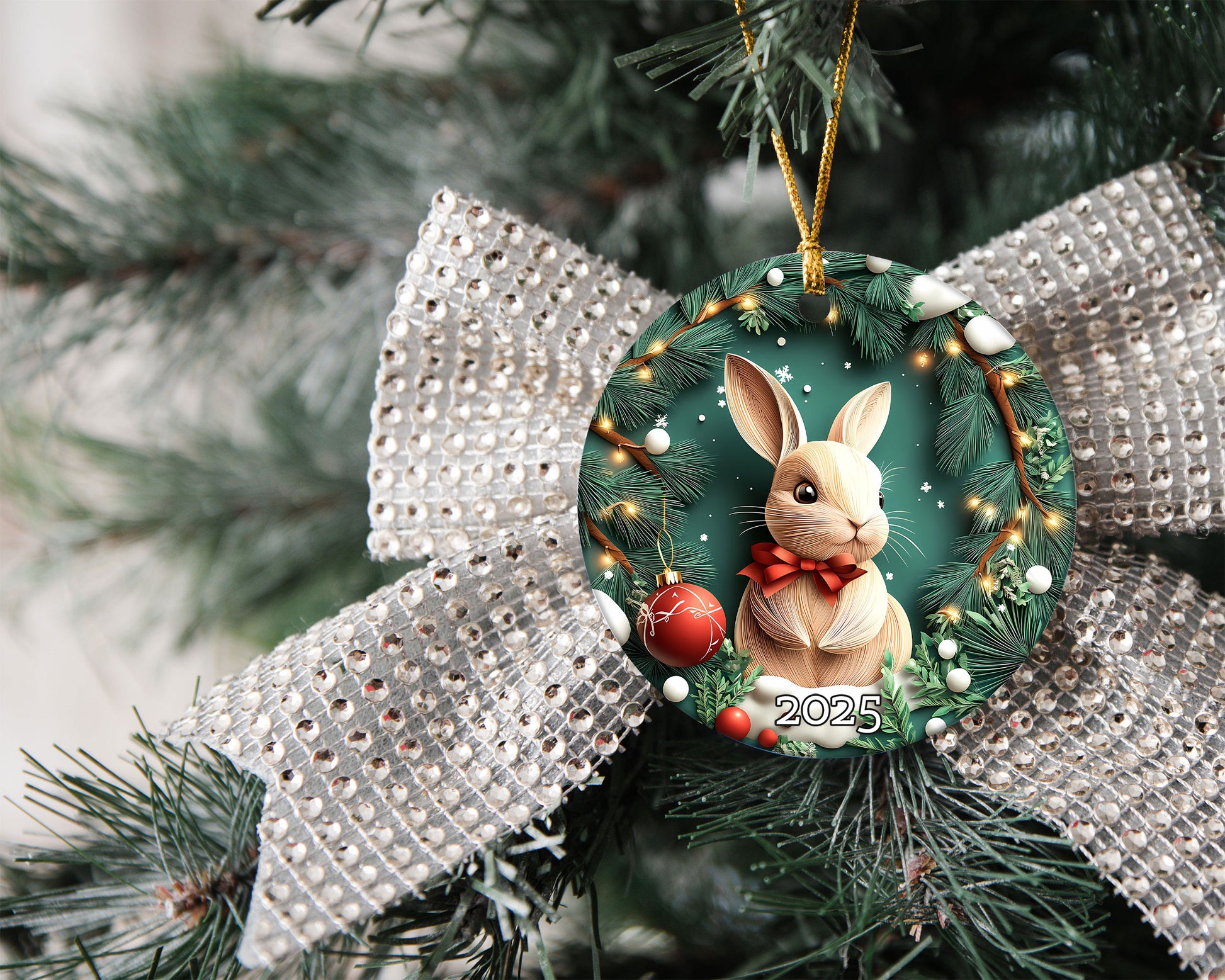 Woodland Rabbit Ornament, Bunny Ornament, Holiday Decor, Winter Scene, Unique Gift Idea