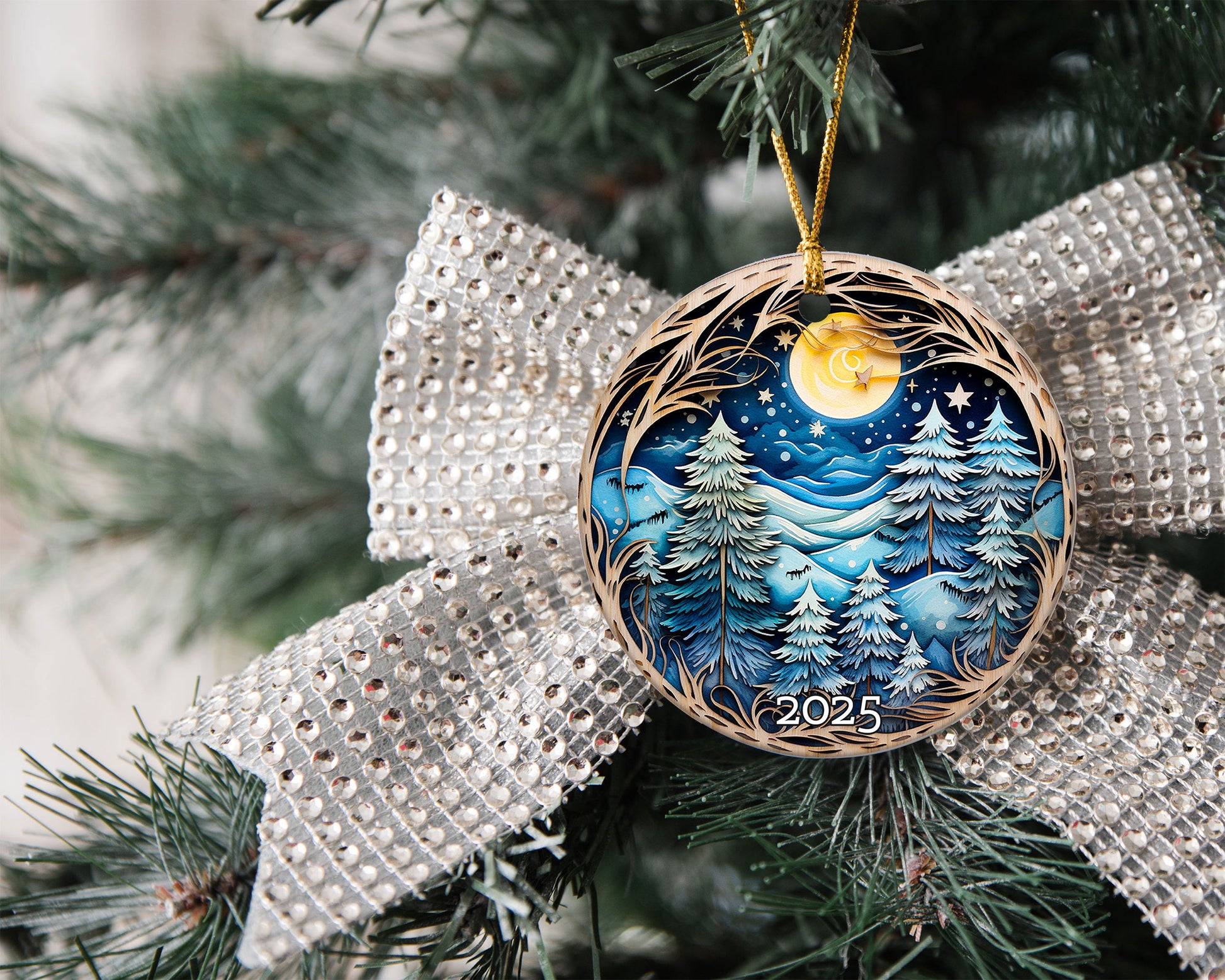 Christmas Night Winter Landscape Tree Decoration Ornament, Holiday Keepsake Gift for Nature Lovers