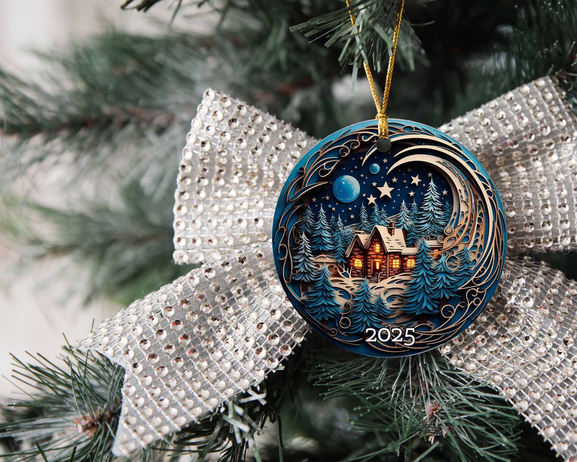 Cozy Cabin Christmas Ornament, Starry Sky Holiday Keepsake, Rustic Home Decor Gift for Nature Lovers