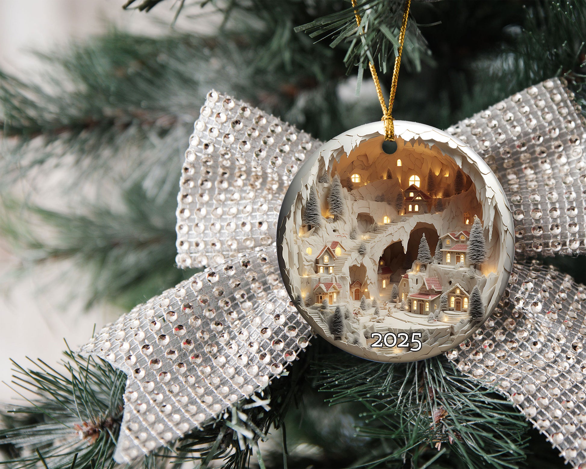 Enchanted Christmas Village Ornament, Lighted Holiday Keepsake, Magical Winter Wonderland Gift