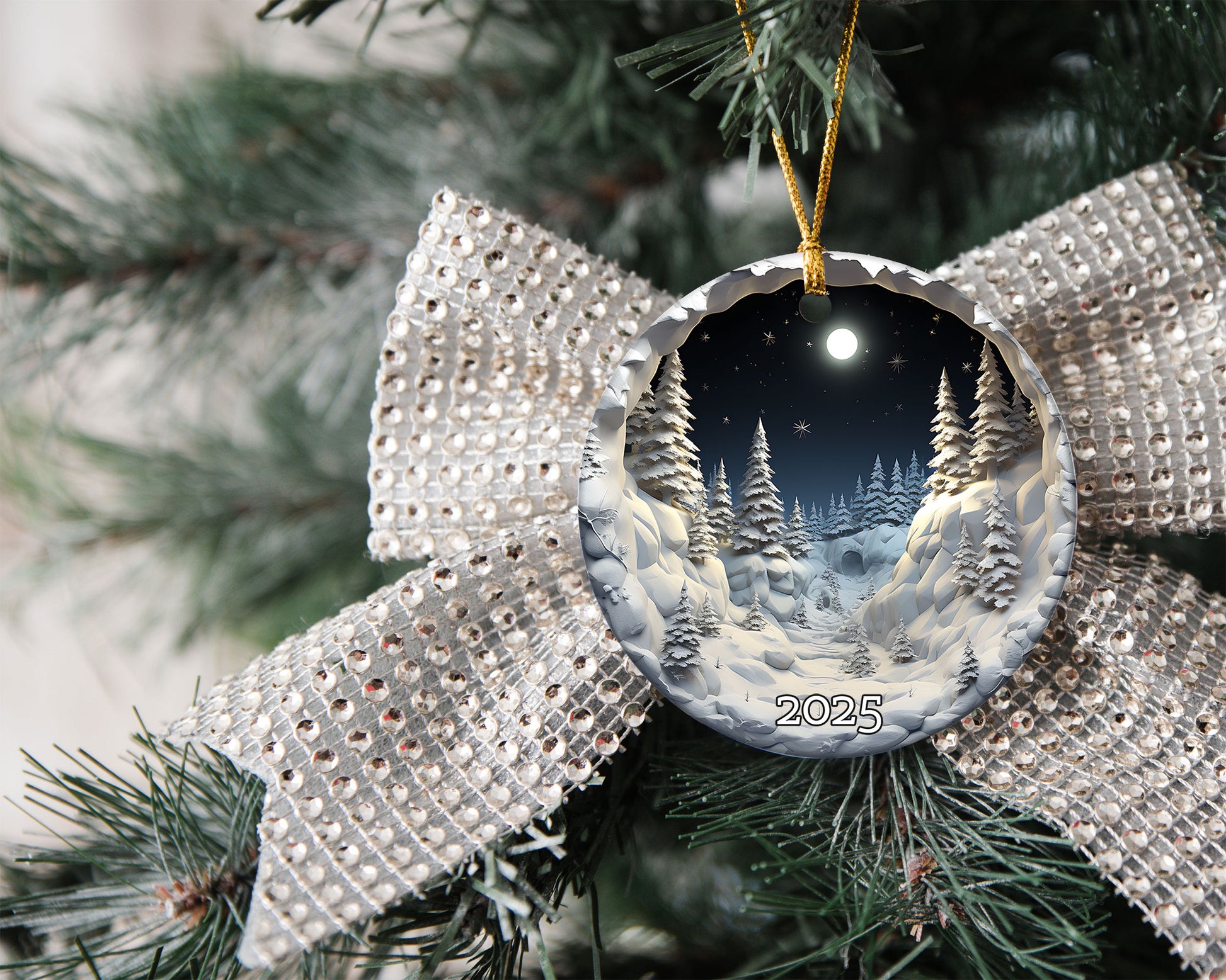 Snowy Forest Under Full Moon Serene Winter Ornament, Christmas Ornament 2025
