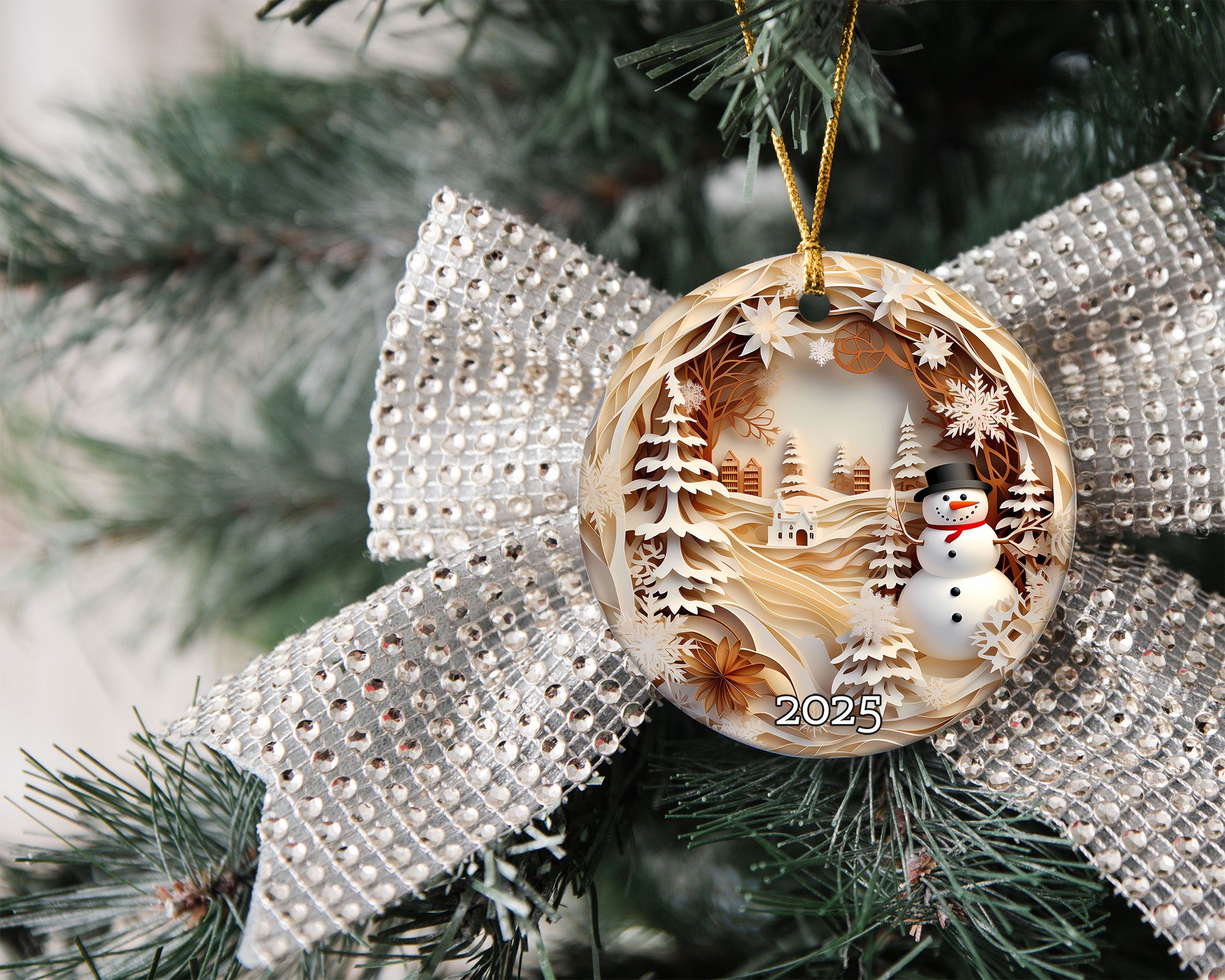 Snowman Village Scene Ornament,  Peaceful Winter Keepsake Gift, Tree Decoration Gift Idea
