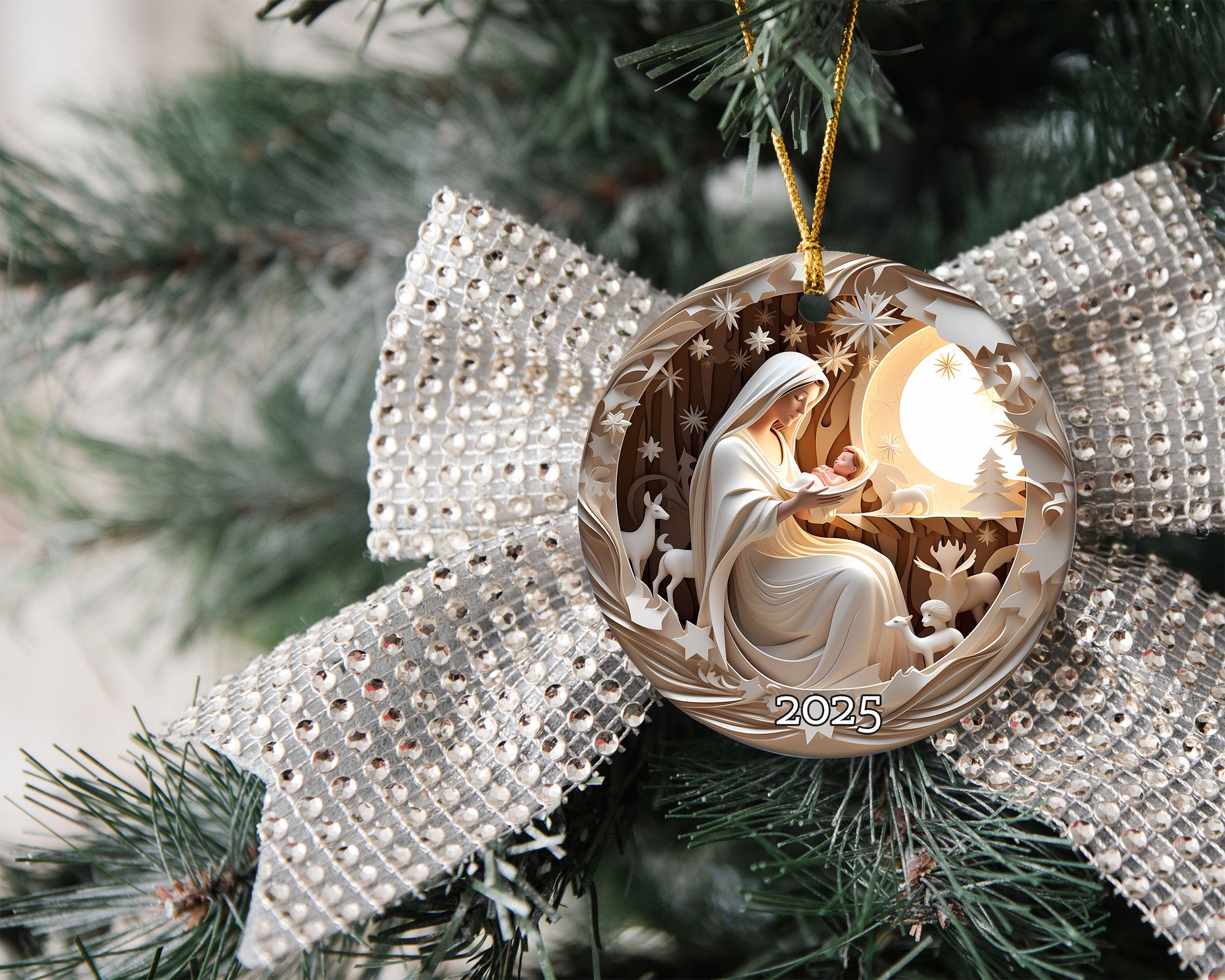 Nativity Ornament 3D Effect, White Nativity Scene Christmas Ornament