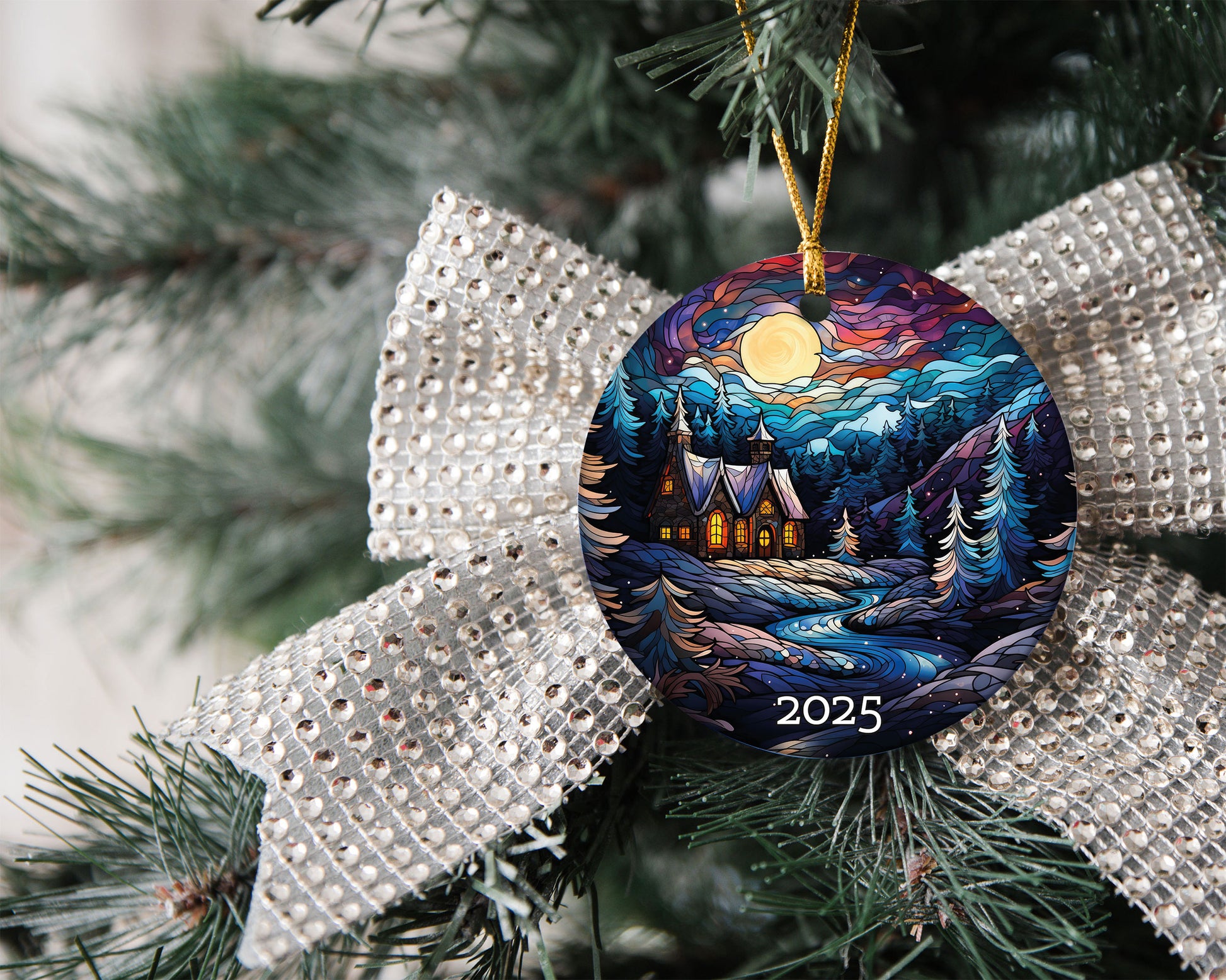 Christmas Night Stained Glass Style Ornament, Christmas Decoration, Holiday Gift Idea, Heirloom Keepsake