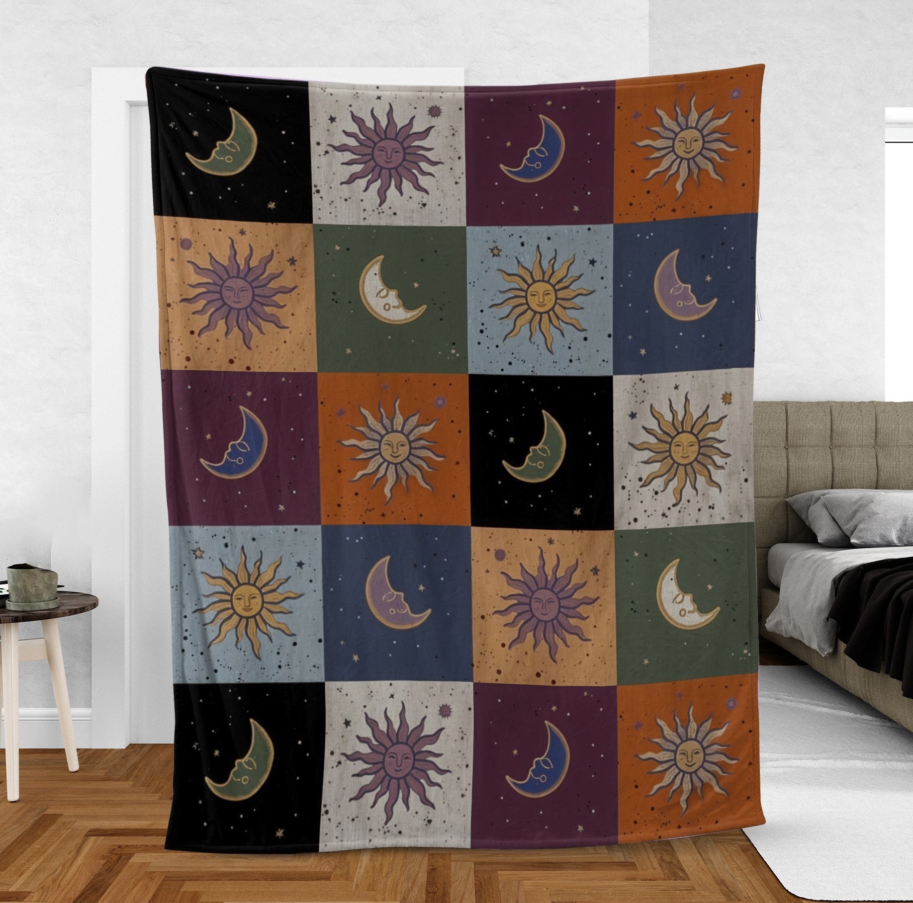Mystic Sun Moon Boho Style, Celestial Checkerboard Throw Blanket