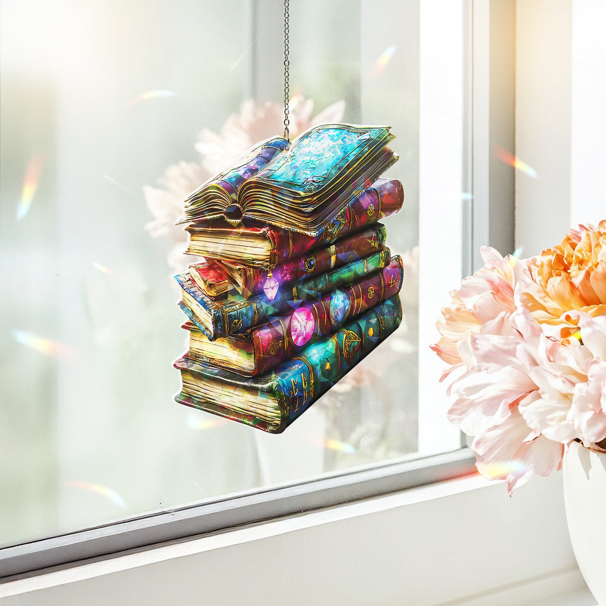 Flower Book Acrylic Suncatcher Window Hanging, Library Book Decor Home, Book Club Lover Gift