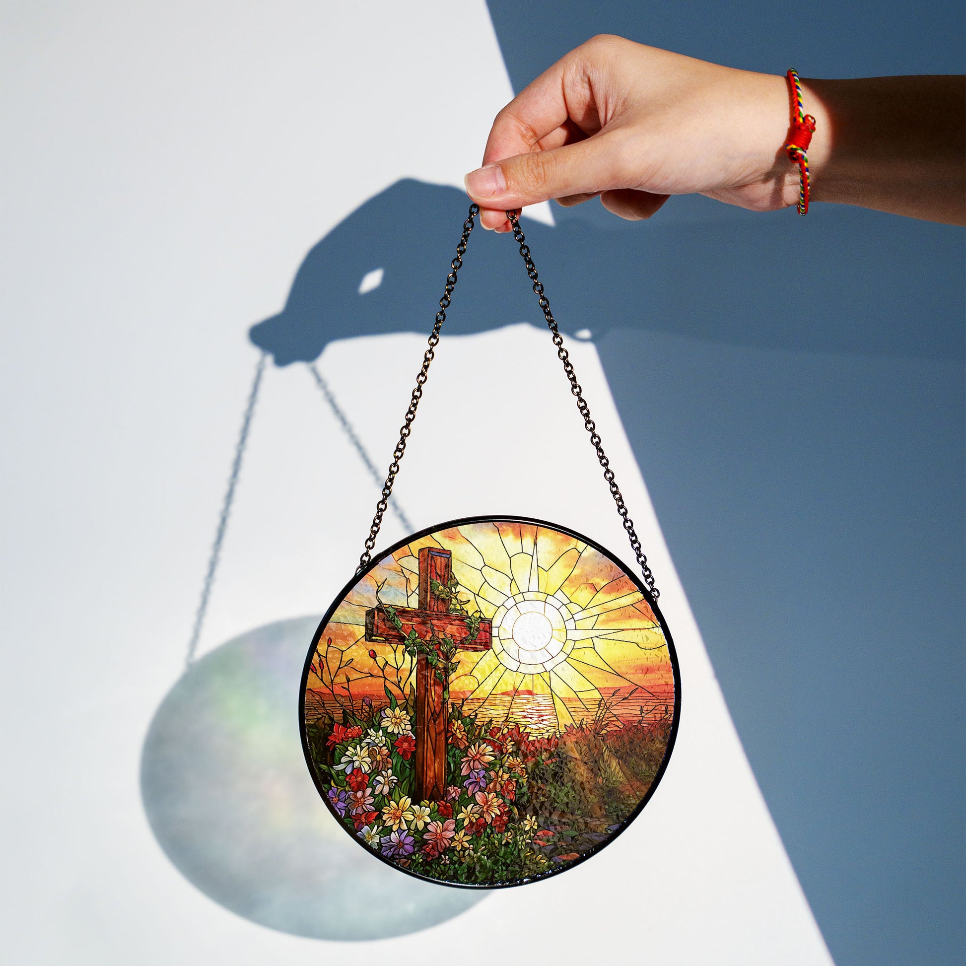 Cross Sunset Window Glass, Suncatcher Window Hanging