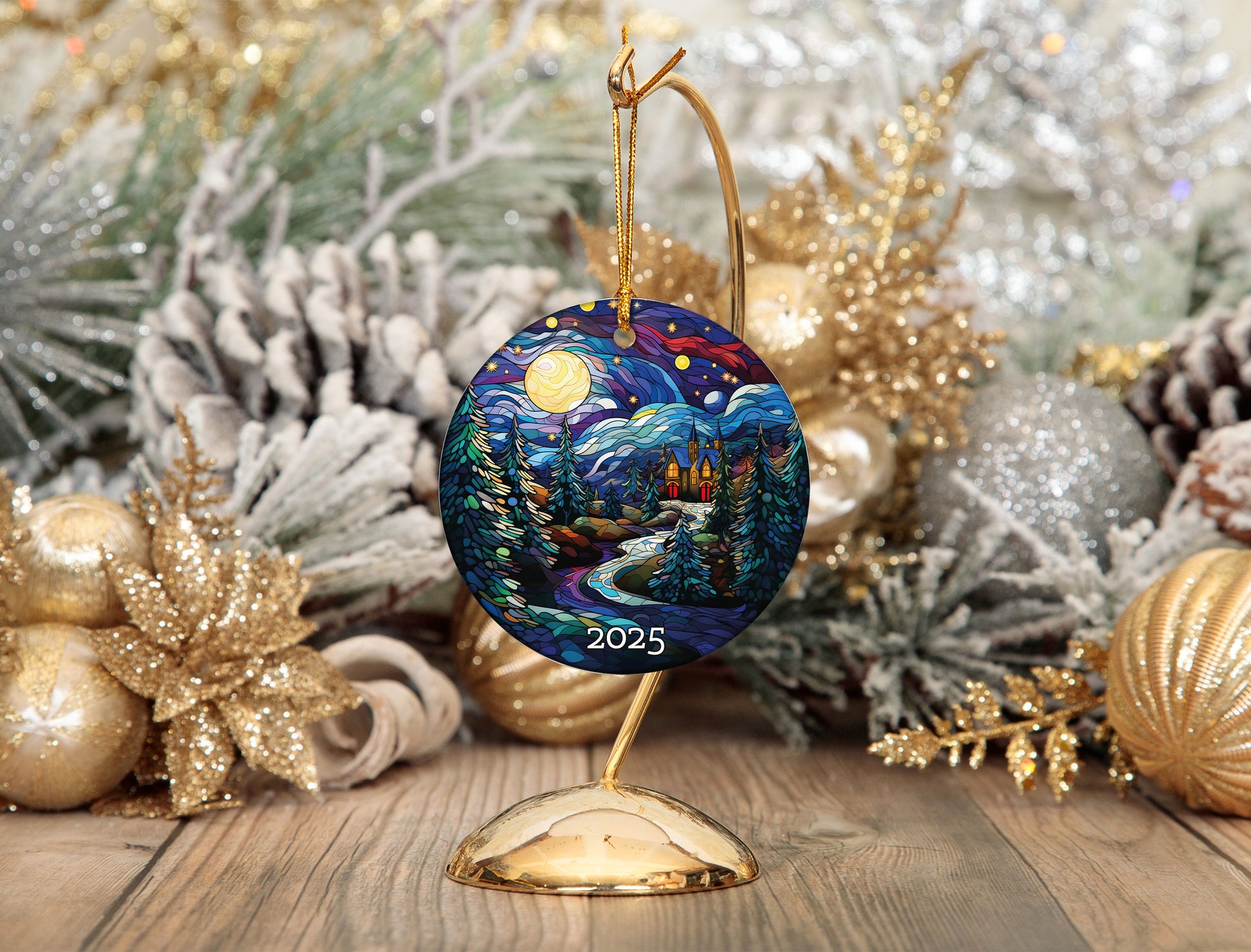 The Night Moon Church Christmas Tree Ornament, Stained Glass Style Ornament, Gift Exchange, Gift Idea, Xmas Church