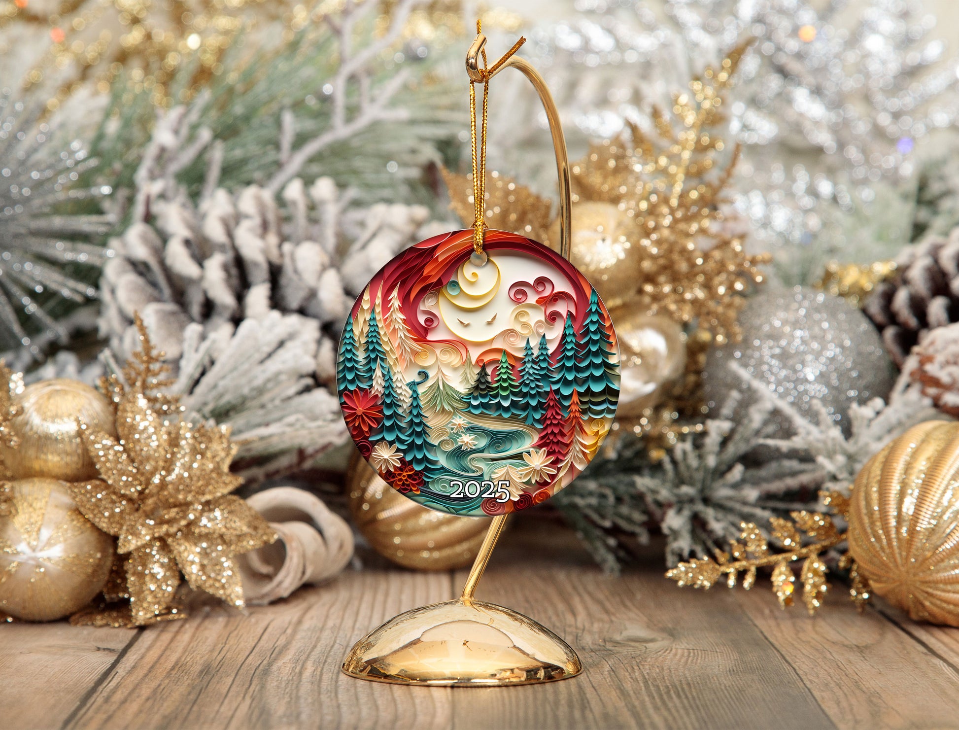 Vibrant Woodland Scene Artistic Christmas Ceramic Ornament