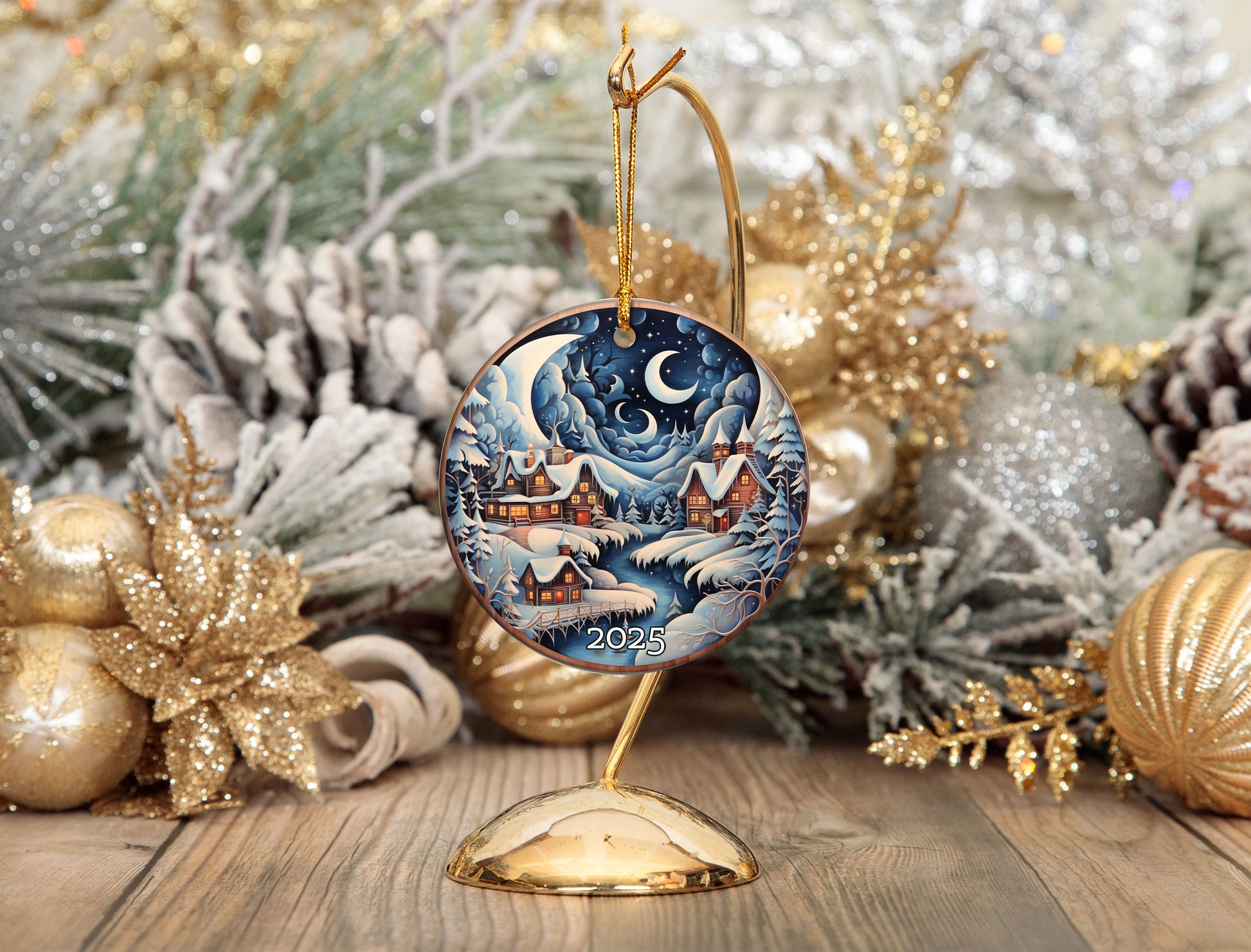 Snowy Village Under Moon and Stars Christmas Ornament