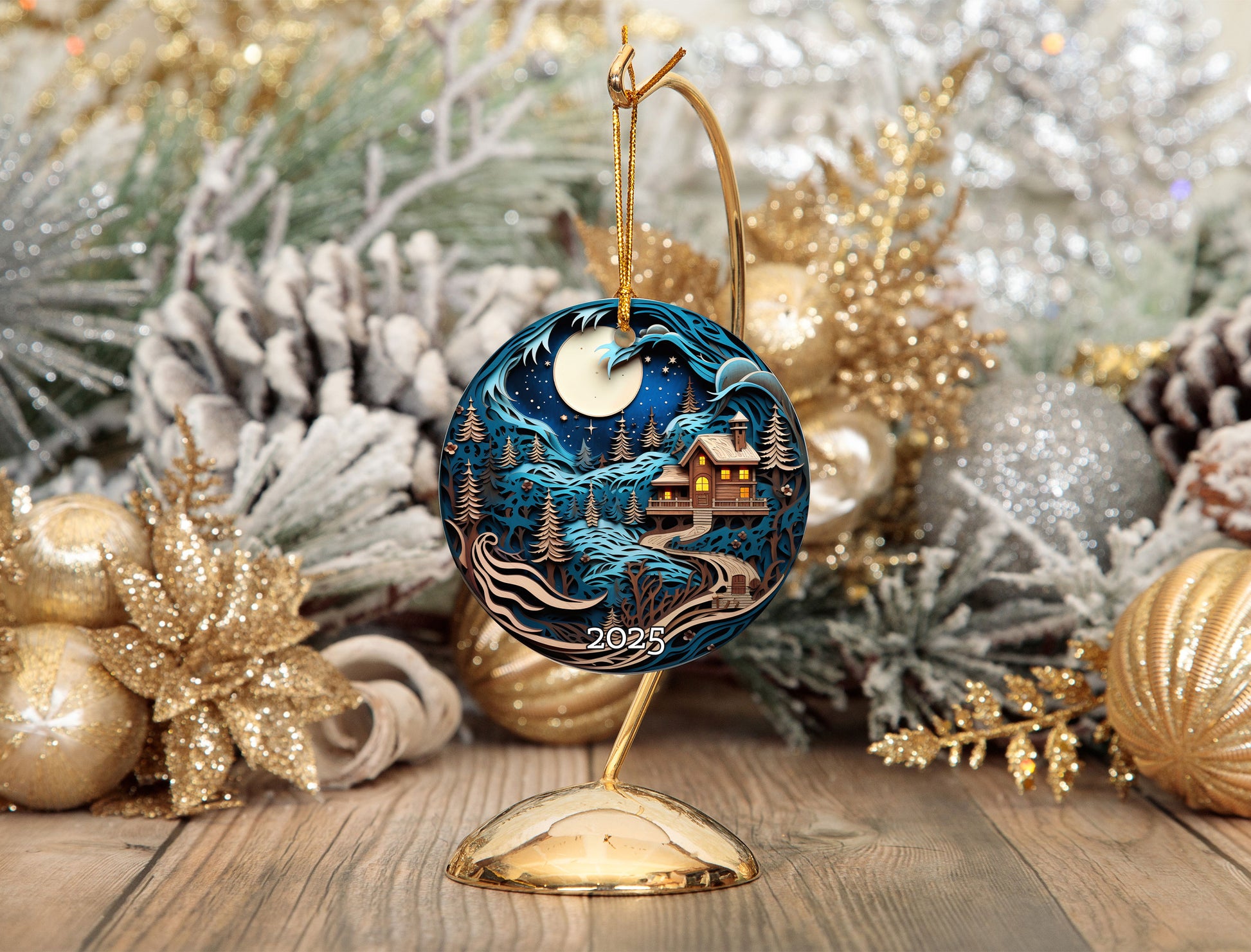 Moonlit Cabin in Snowy Forest Christmas Ornament, Holiday Decor