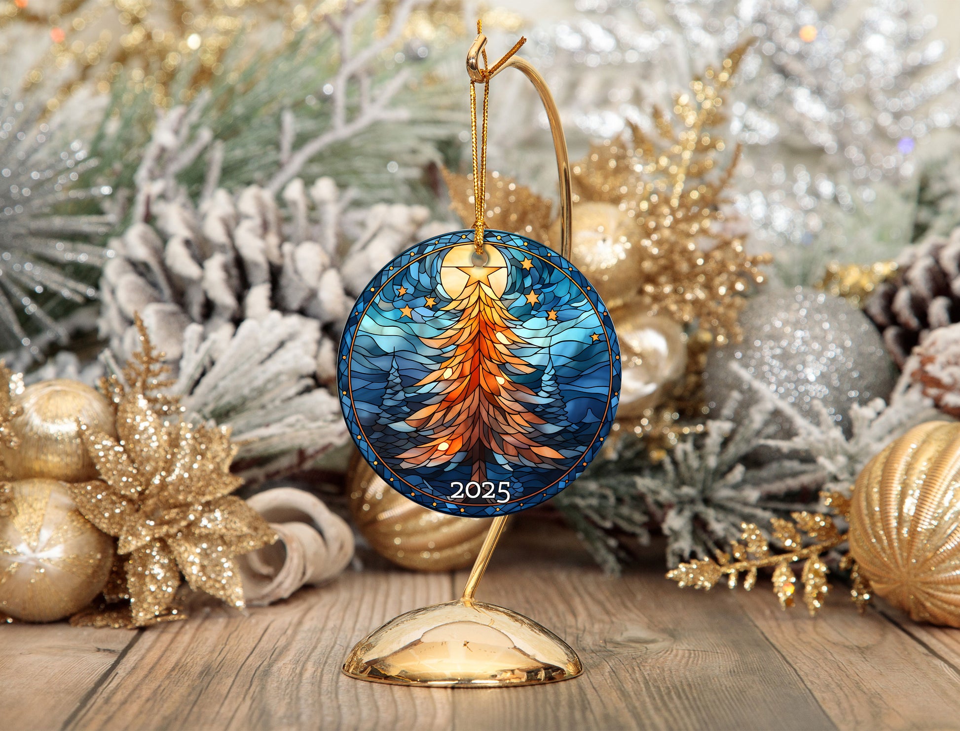Christmas Tree Stained Glass Style Ceramic Ornament, Family Gift Exchanged, Holiday Decor
