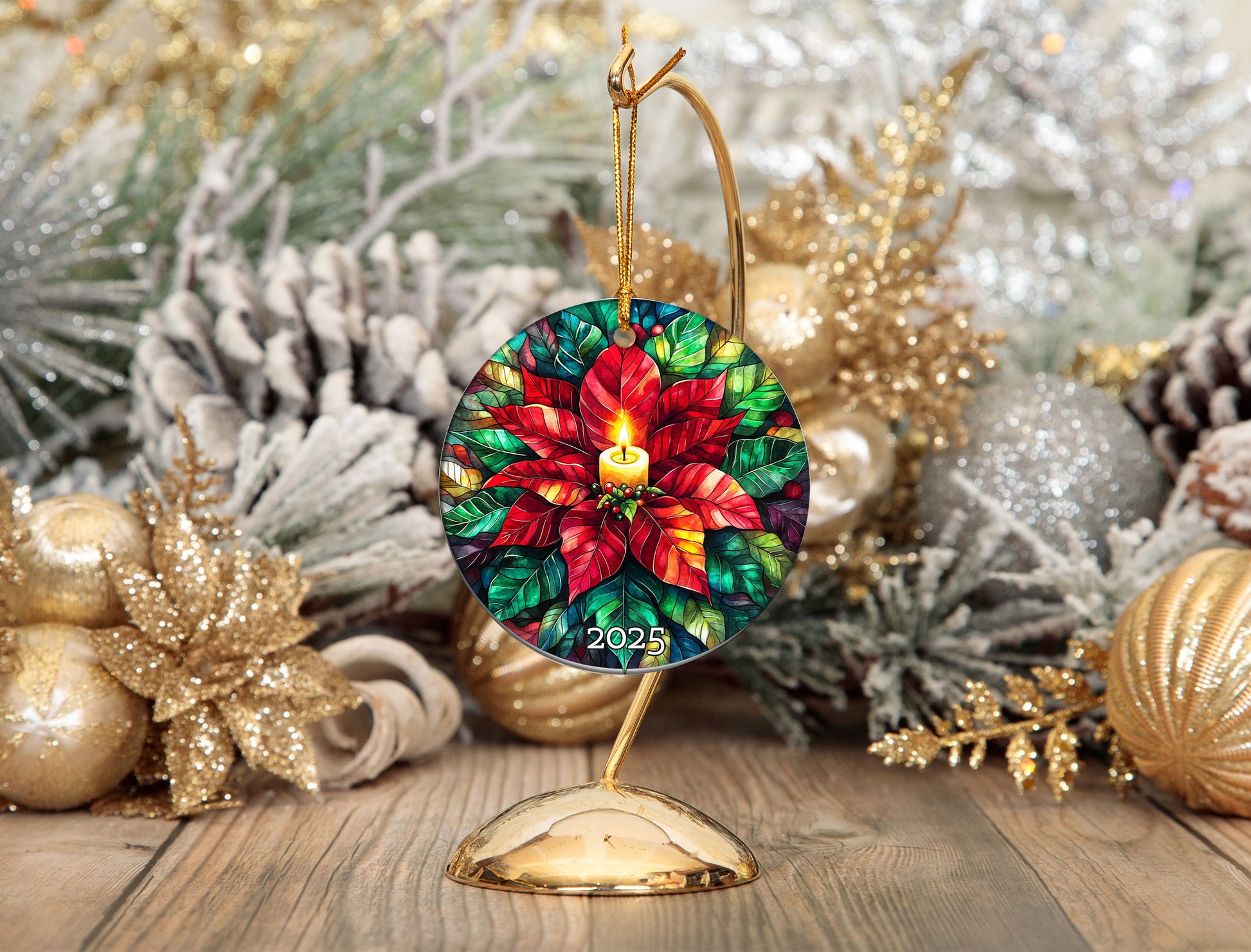 Stained Glass Poinsettia Candle Ornament, Colorful Christmas Keepsake, Festive Floral Holiday Decoration