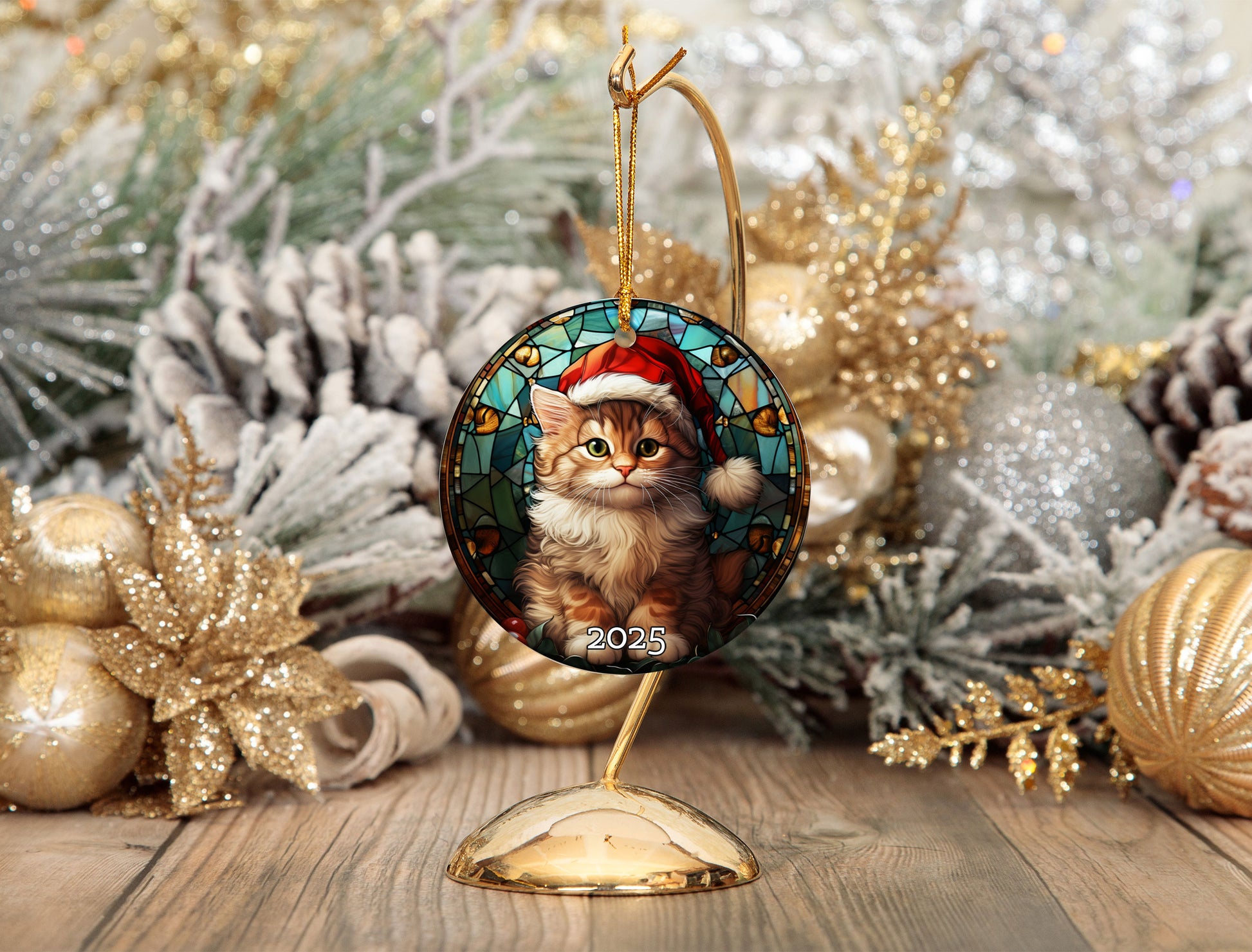 Merry Christmas Cat Stained Glass Ornament, 3D Ornament, Christmas Cat Decor, Cat Lover Cat Mom Gift