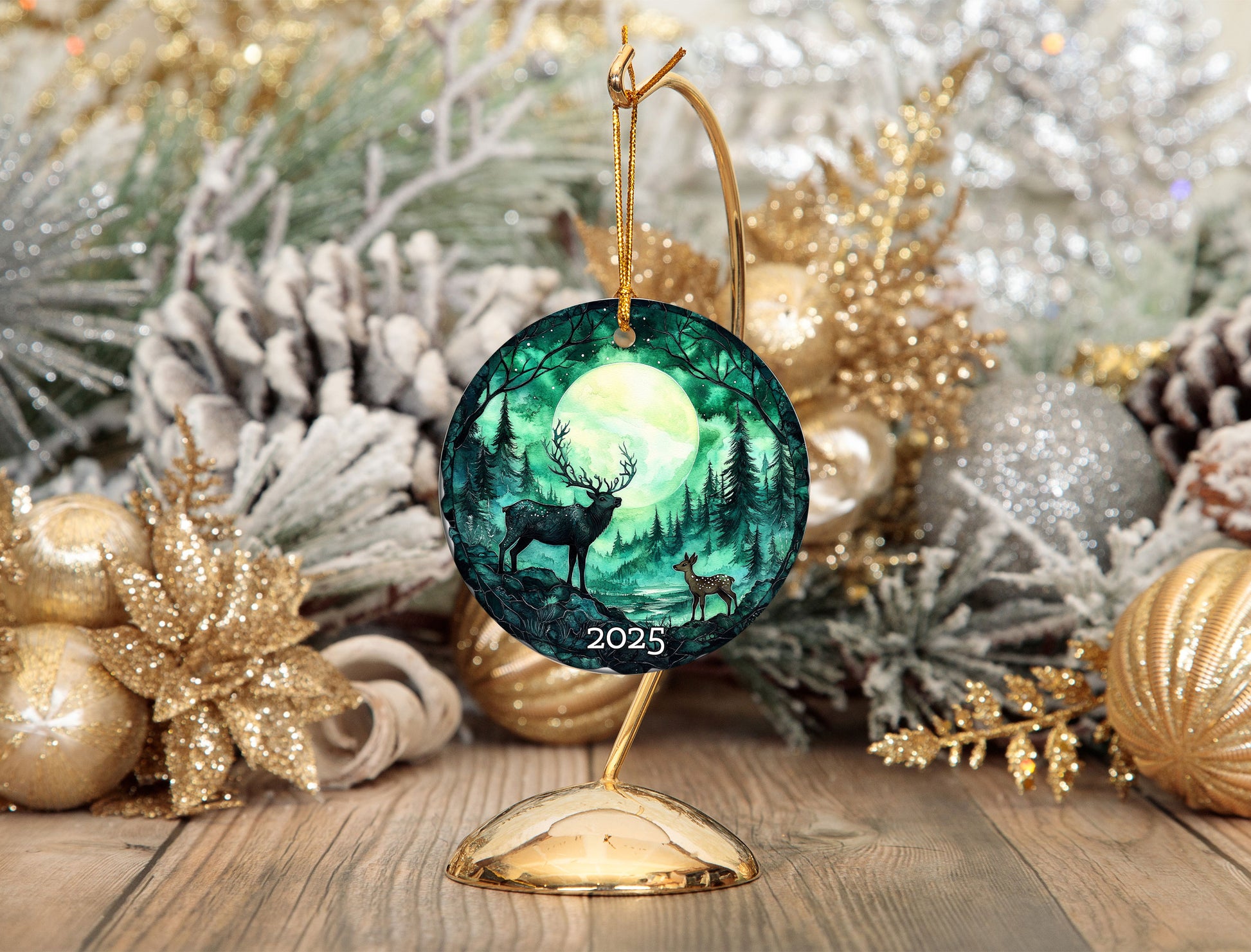 Moonlit Forest Deer Ornament 2025, Winter Scene Christmas Keepsake, Holiday Decor