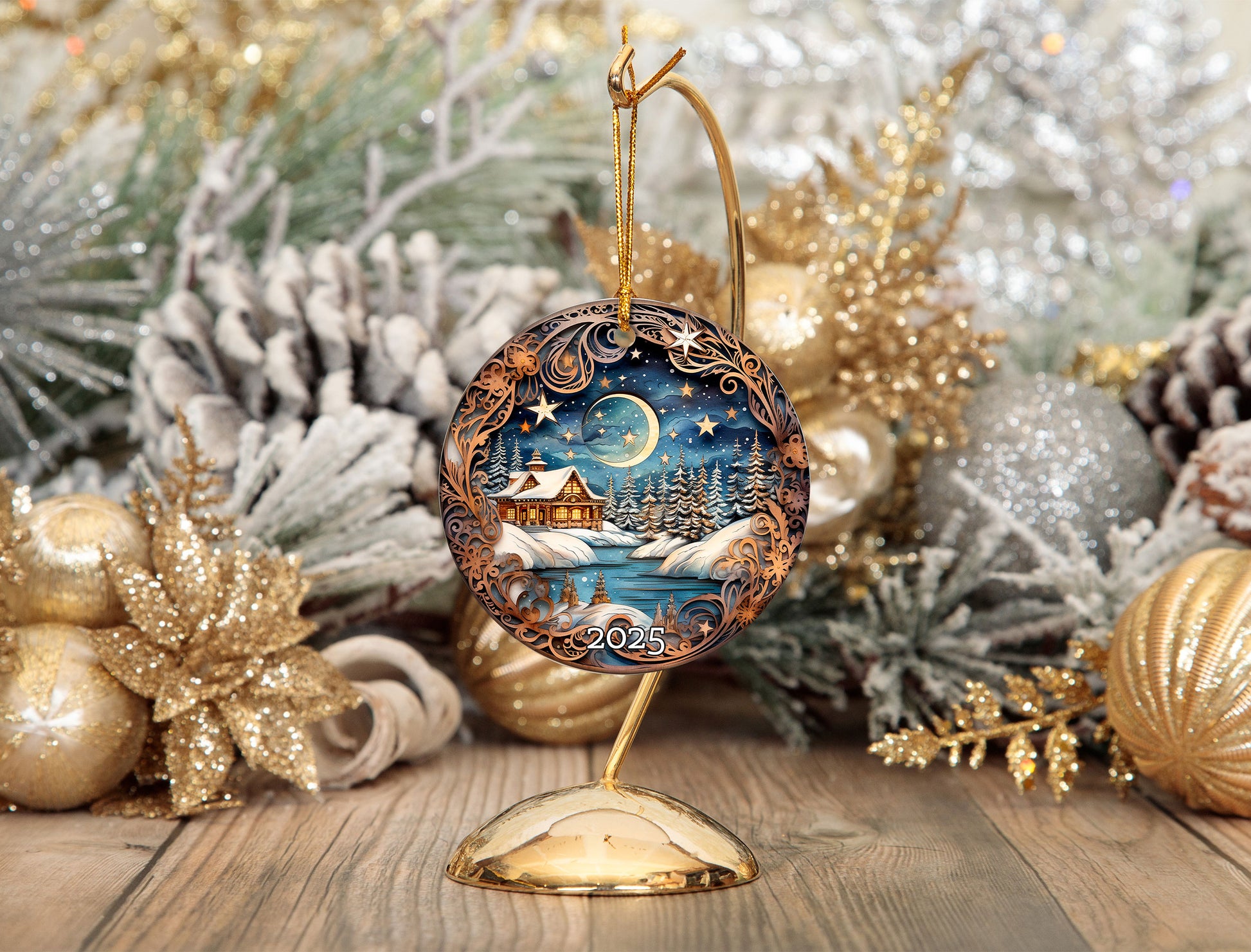 Vintage Cozy Cabin Christmas Ornament, Gift For Family, Tree Ornament
