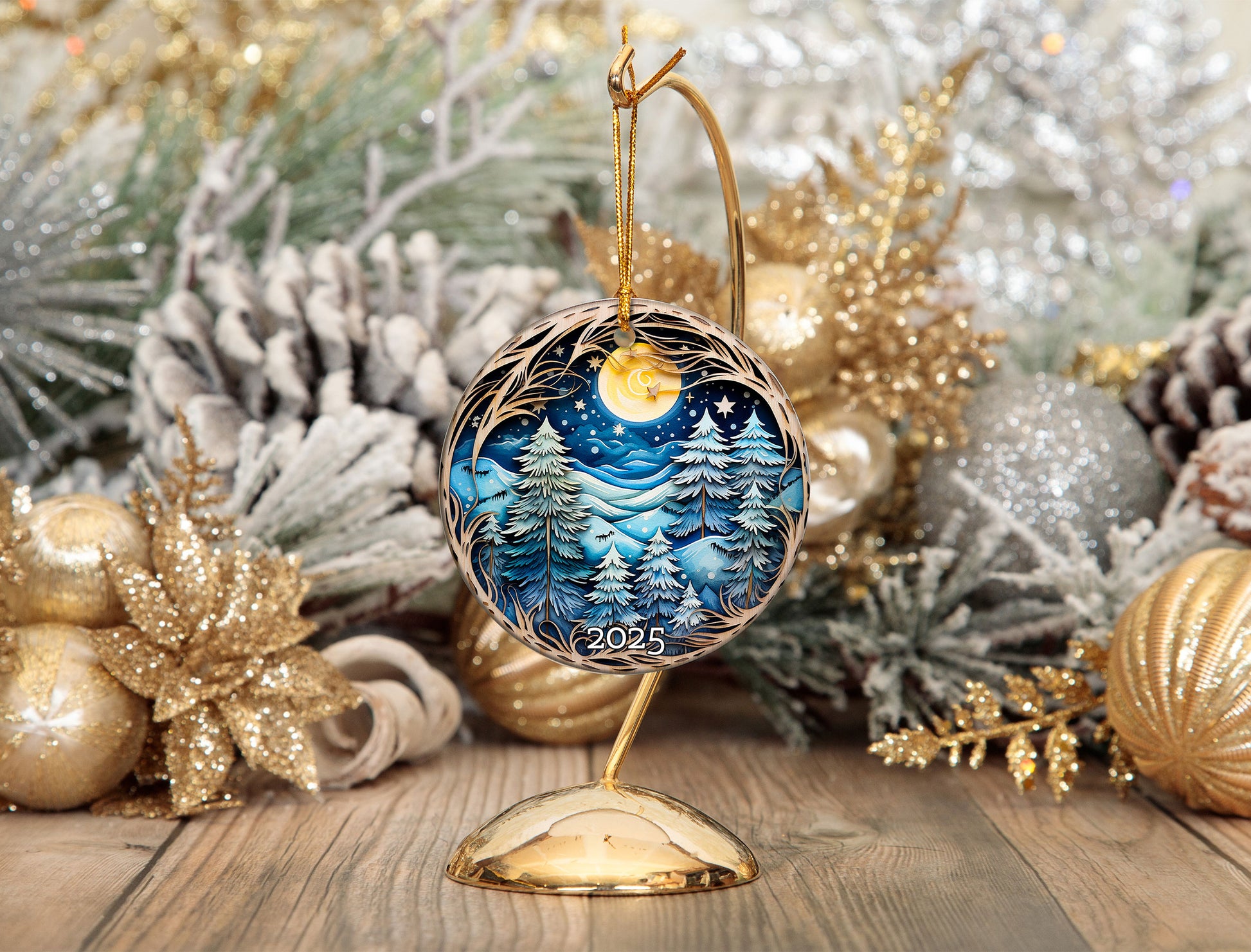 Christmas Night Winter Landscape Tree Decoration Ornament, Holiday Keepsake Gift for Nature Lovers