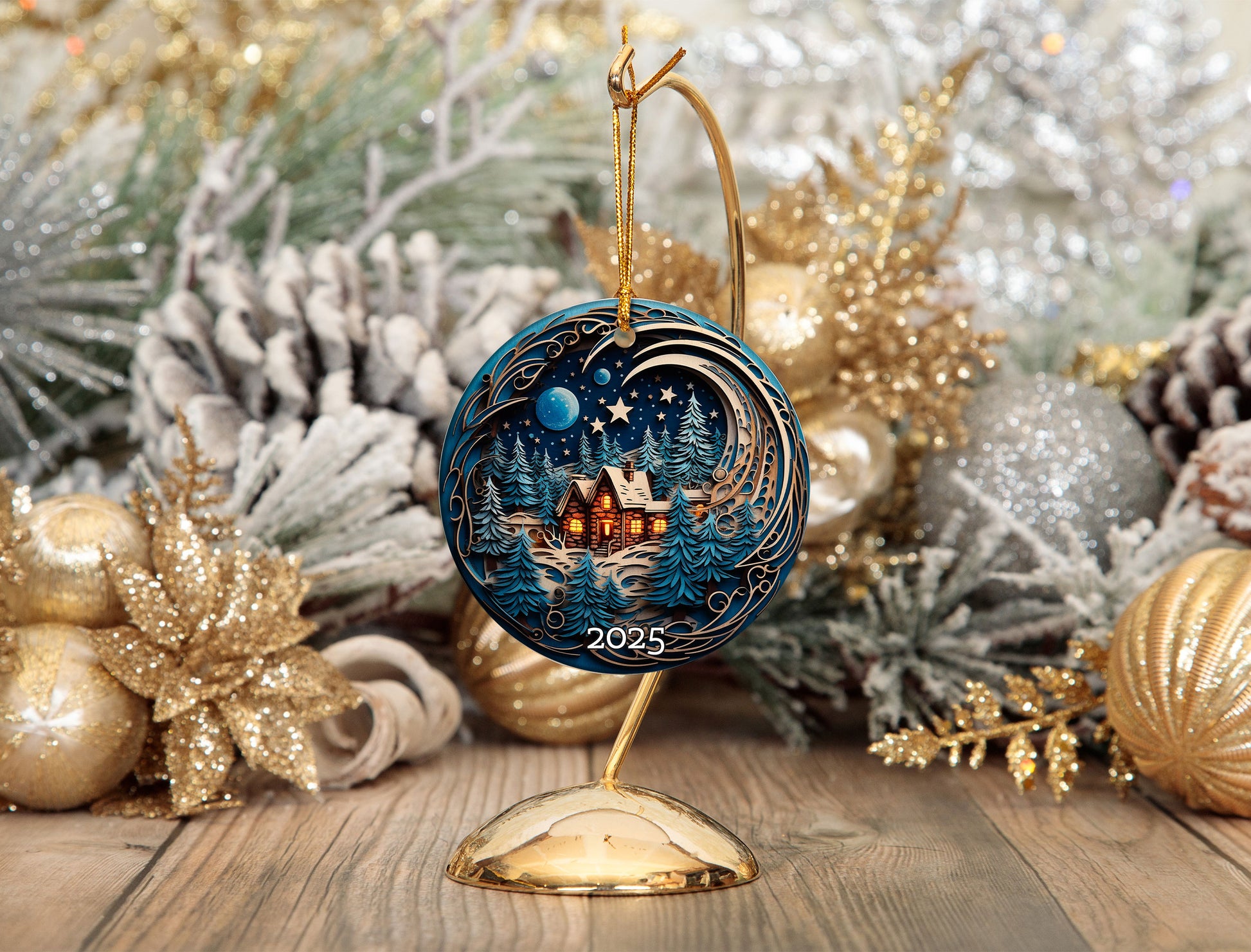 Cozy Cabin Christmas Ornament, Starry Sky Holiday Keepsake, Rustic Home Decor Gift for Nature Lovers