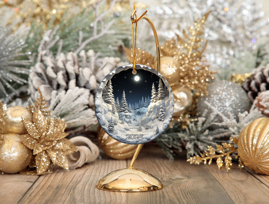 Snowy Forest Under Full Moon Serene Winter Ornament, Christmas Ornament 2025