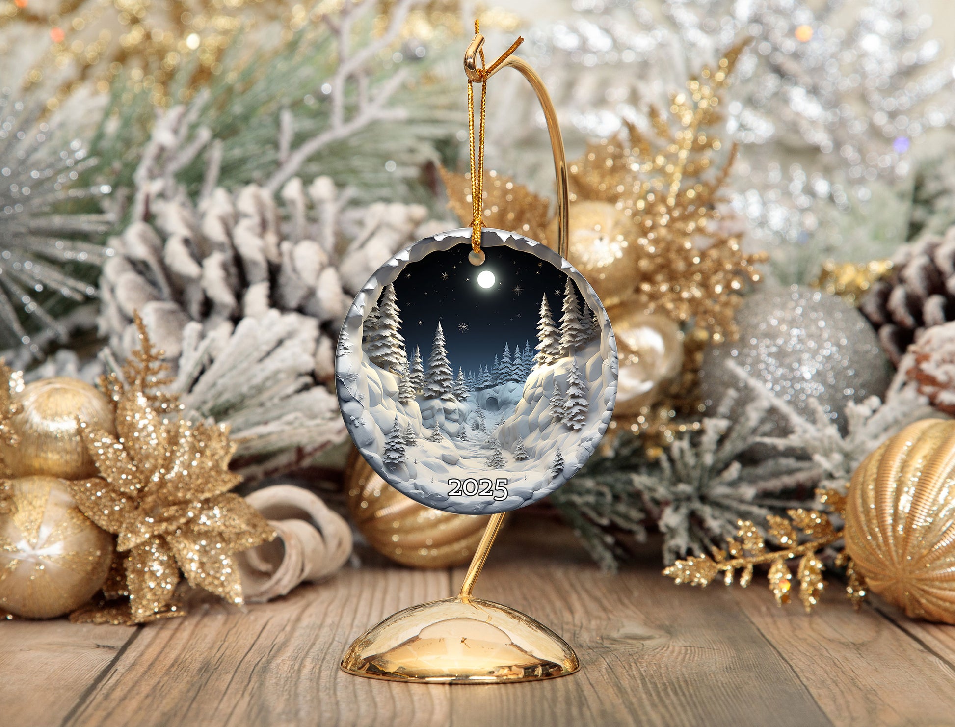 Snowy Forest Under Full Moon Serene Winter Ornament, Christmas Ornament 2025