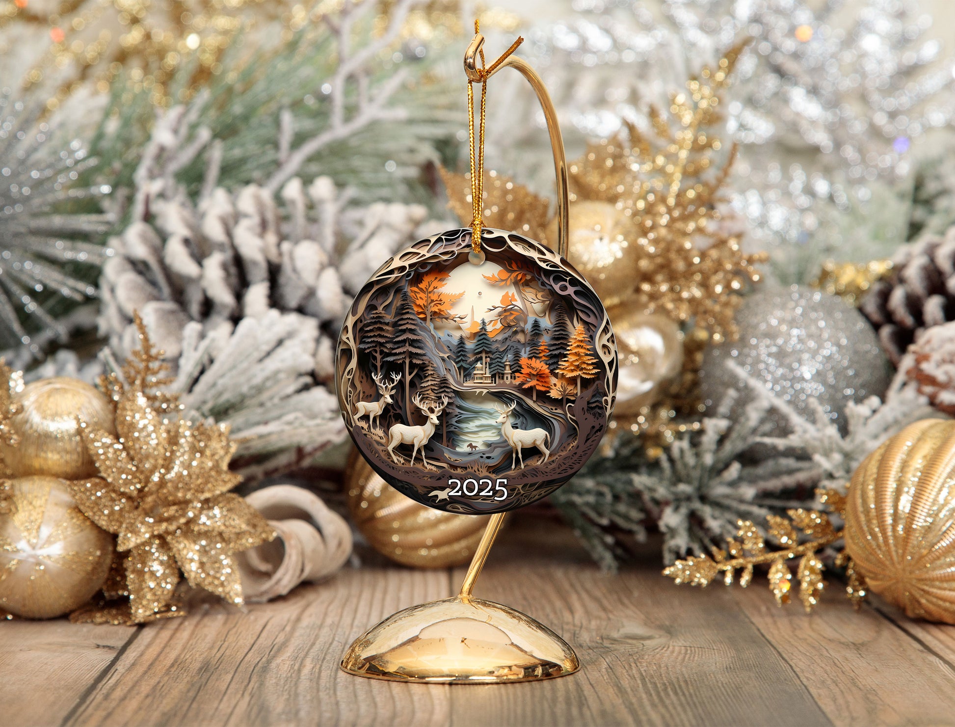 Winter Deer Scene Ornamen, Unique Keepsake for Rustic Holidays, Christmas Gift