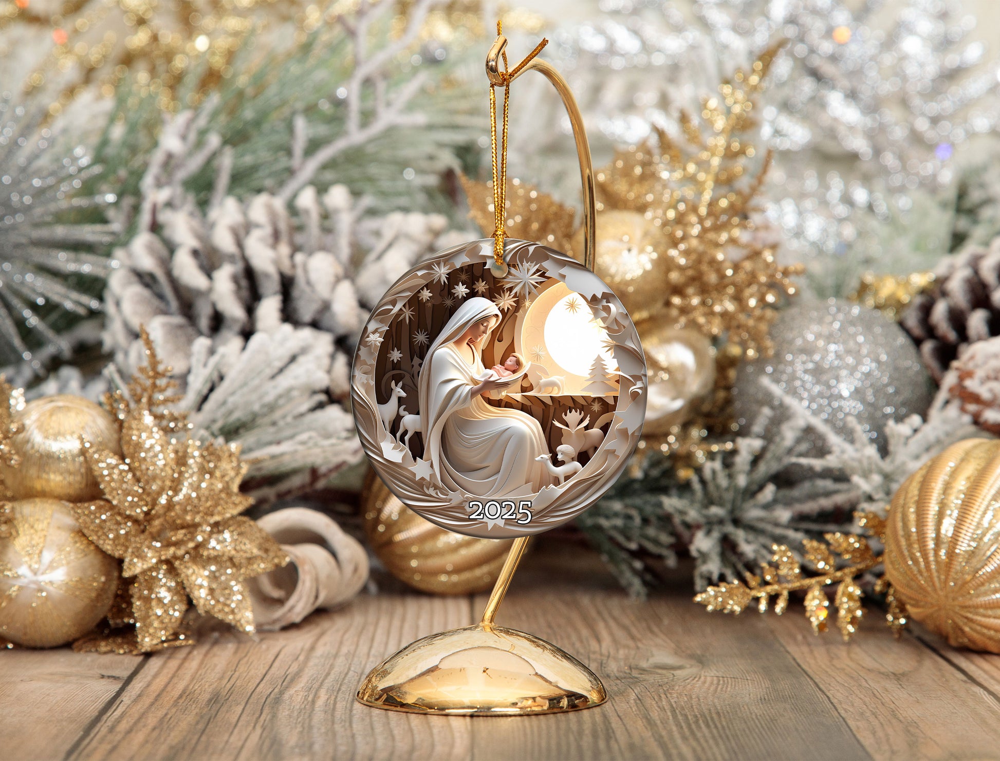 Nativity Ornament 3D Effect, White Nativity Scene Christmas Ornament