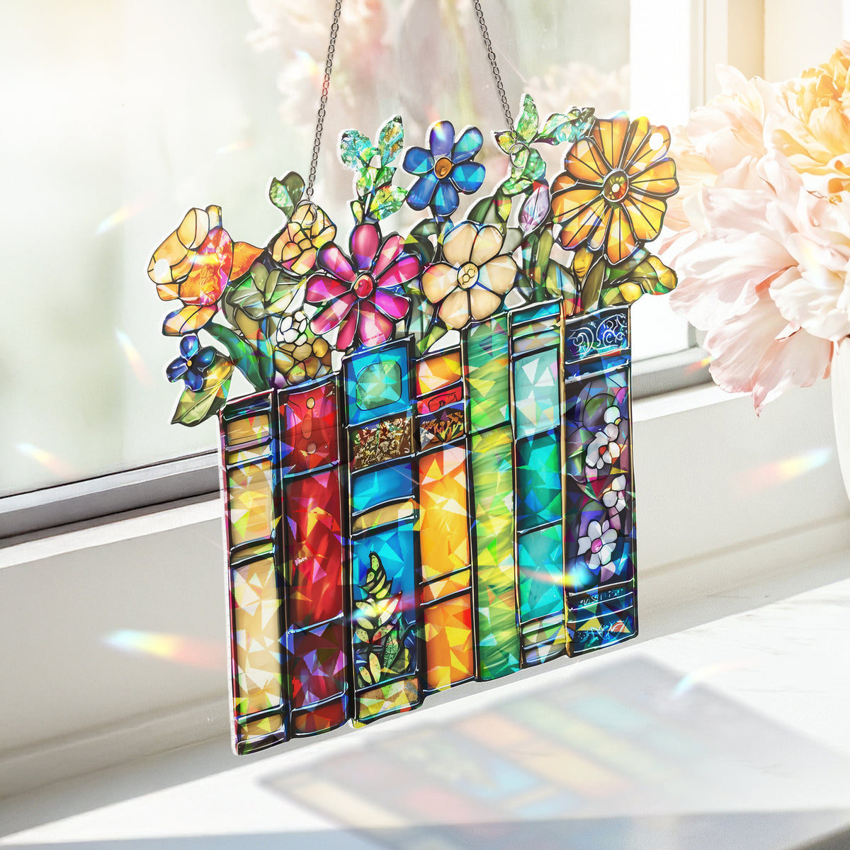 Flower Book Suncatcher ACRYLIC Window Hanging, Book Lover Gift, Book Club Gift, Book Lover Suncatcher, Book Reader Gifts