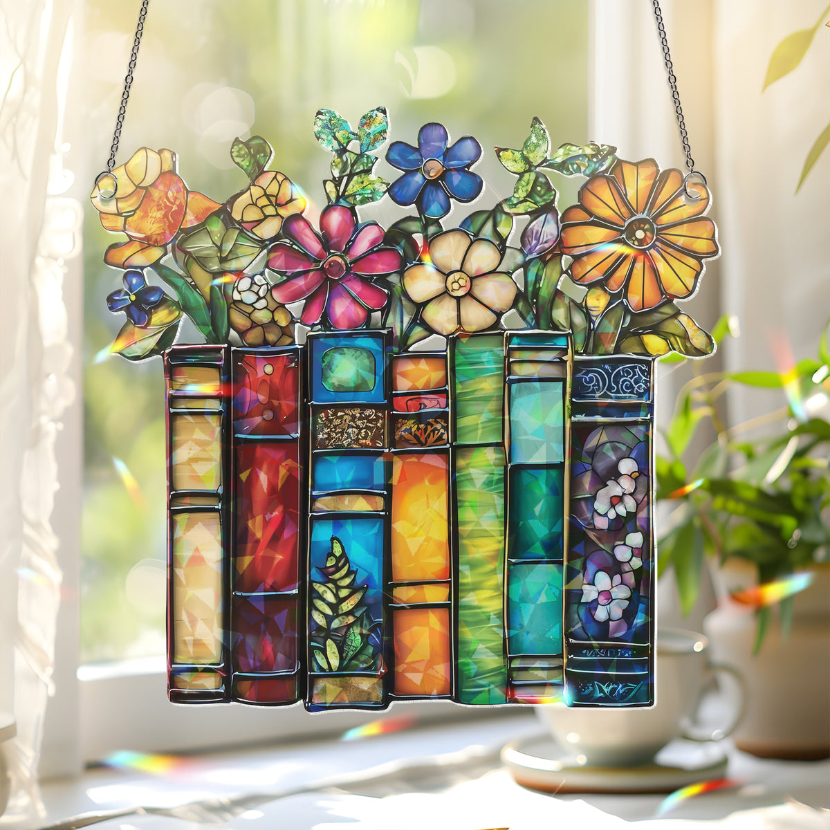 Flower Book Suncatcher ACRYLIC Window Hanging, Book Lover Gift, Book Club Gift, Book Lover Suncatcher, Book Reader Gifts