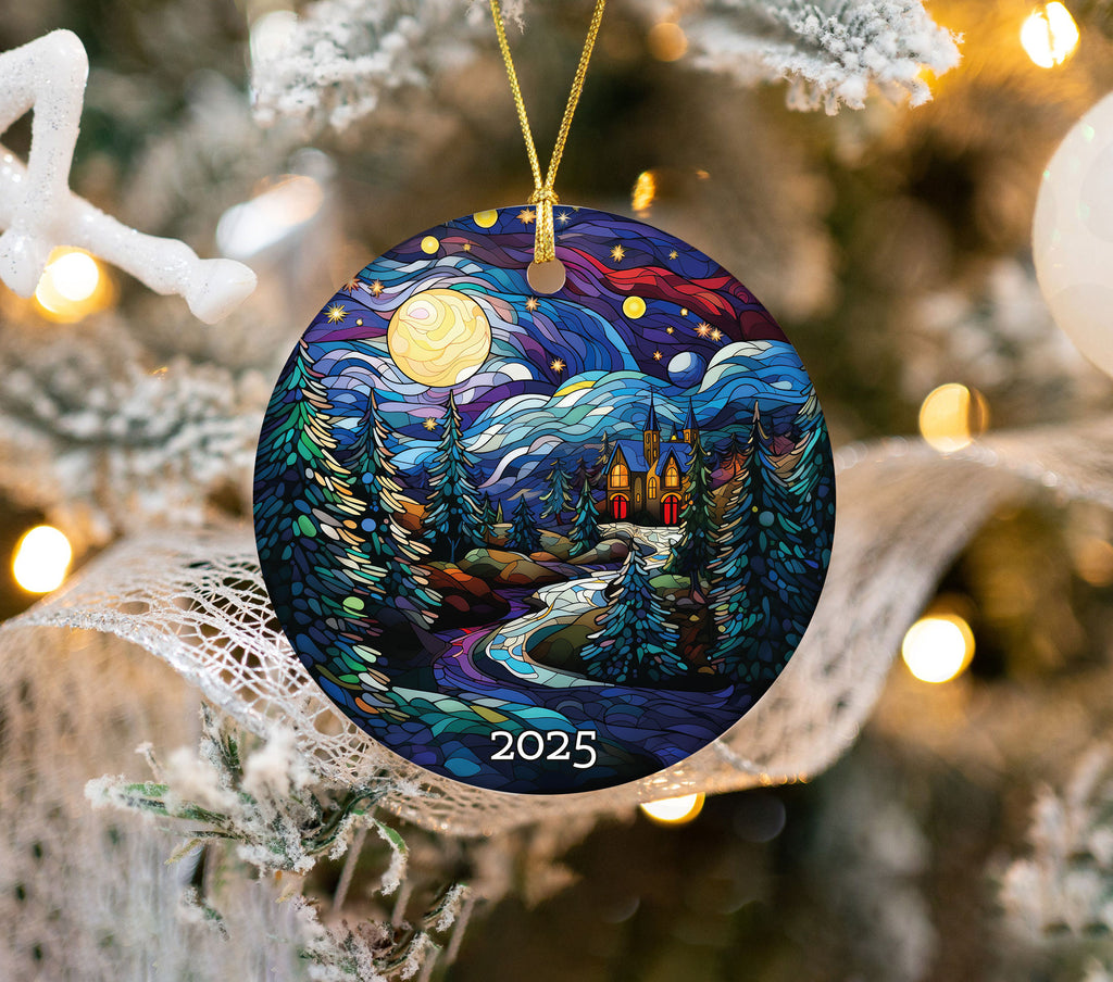 The Night Moon Church Christmas Tree Ornament, Stained Glass Style Ornament, Gift Exchange, Gift Idea, Xmas Church