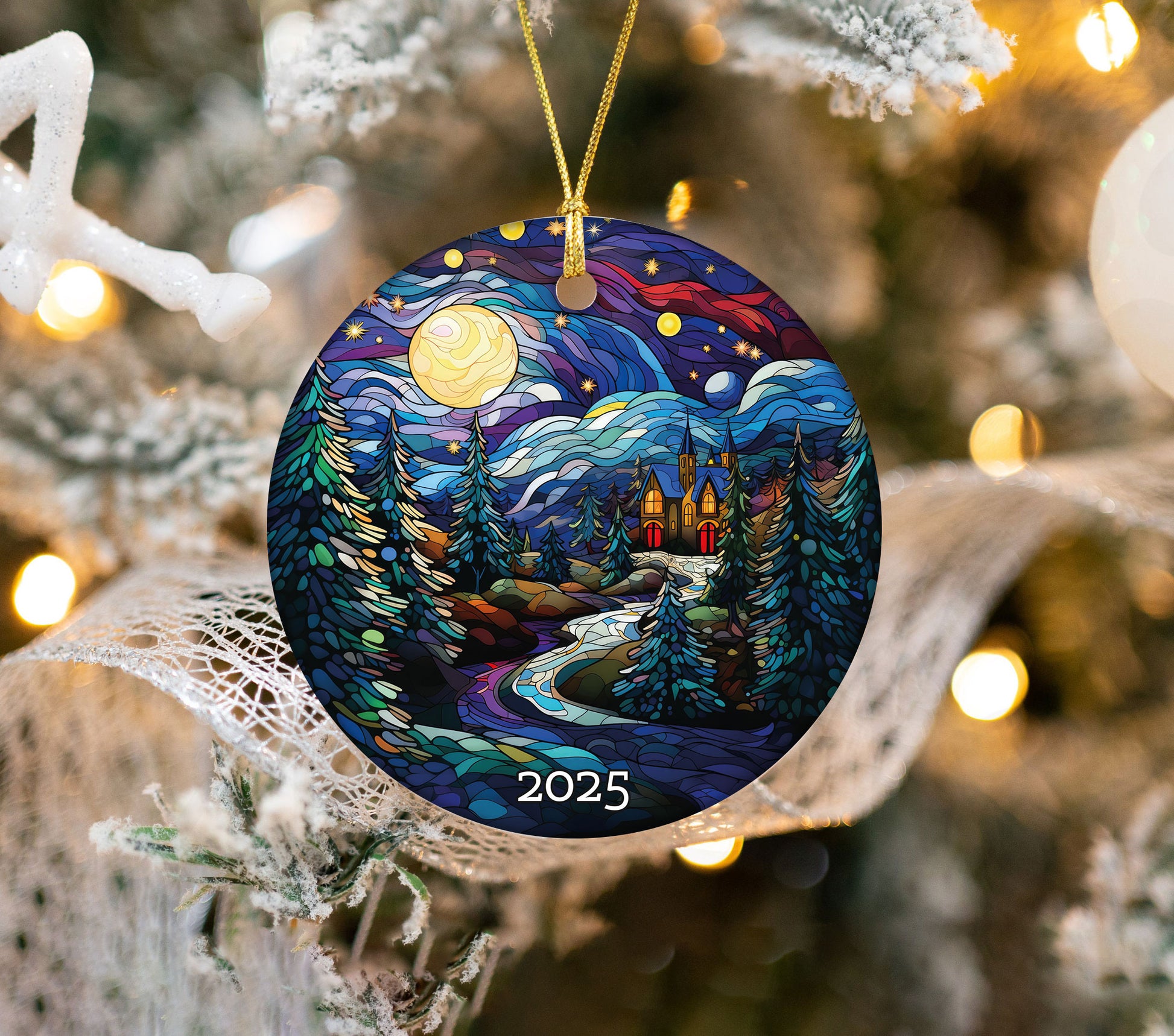 The Night Moon Church Christmas Tree Ornament, Stained Glass Style Ornament, Gift Exchange, Gift Idea, Xmas Church