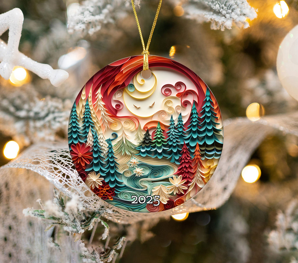 Vibrant Woodland Scene Artistic Christmas Ceramic Ornament