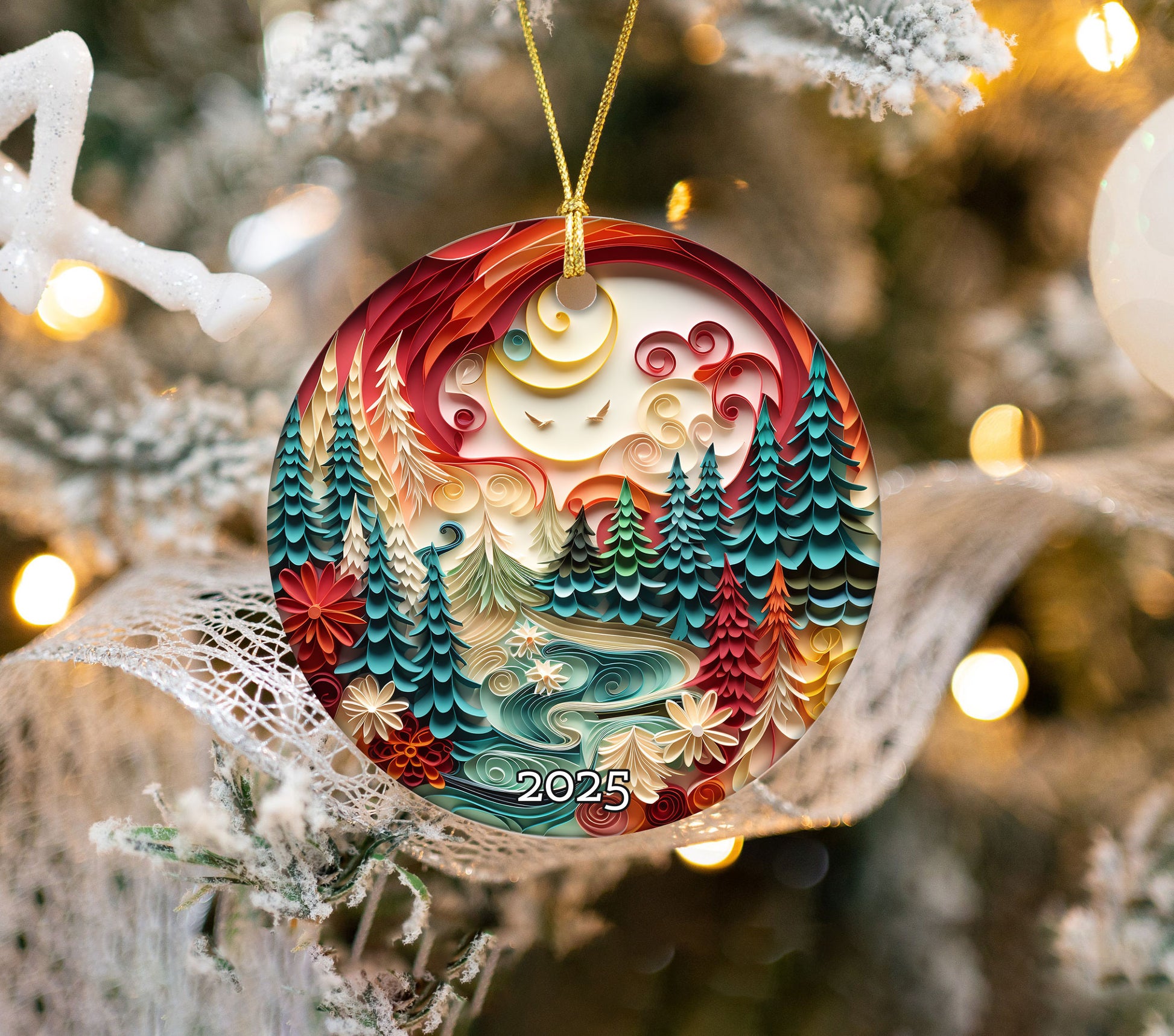 Vibrant Woodland Scene Artistic Christmas Ceramic Ornament
