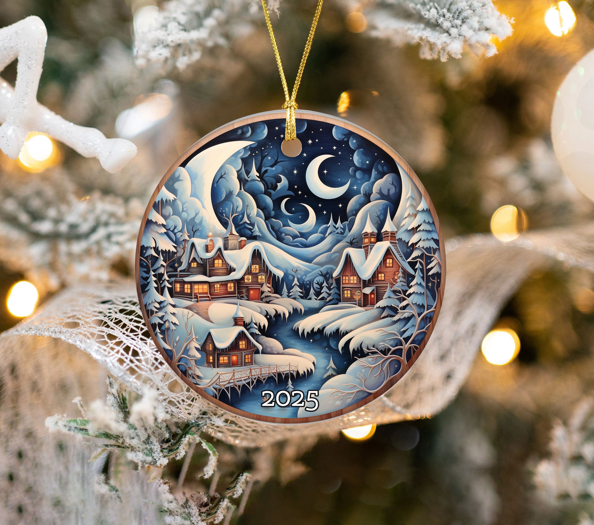 Snowy Village Under Moon and Stars Christmas Ornament