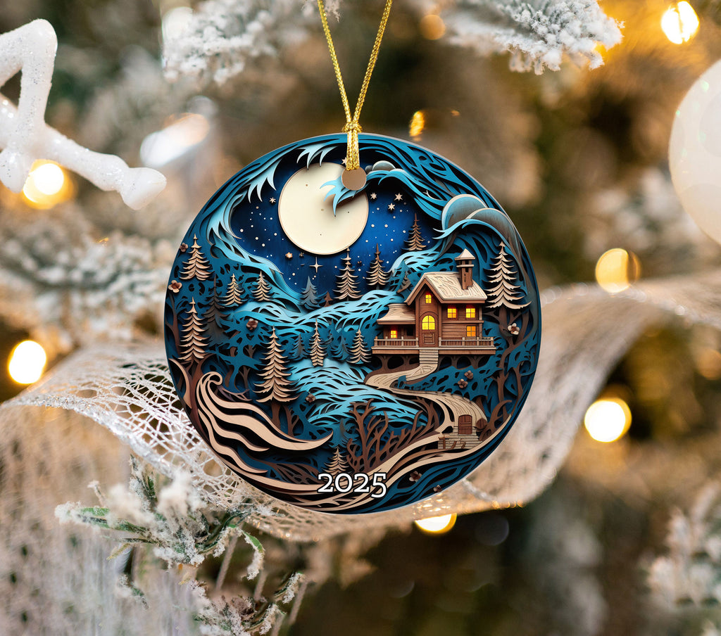 Moonlit Cabin in Snowy Forest Christmas Ornament, Holiday Decor
