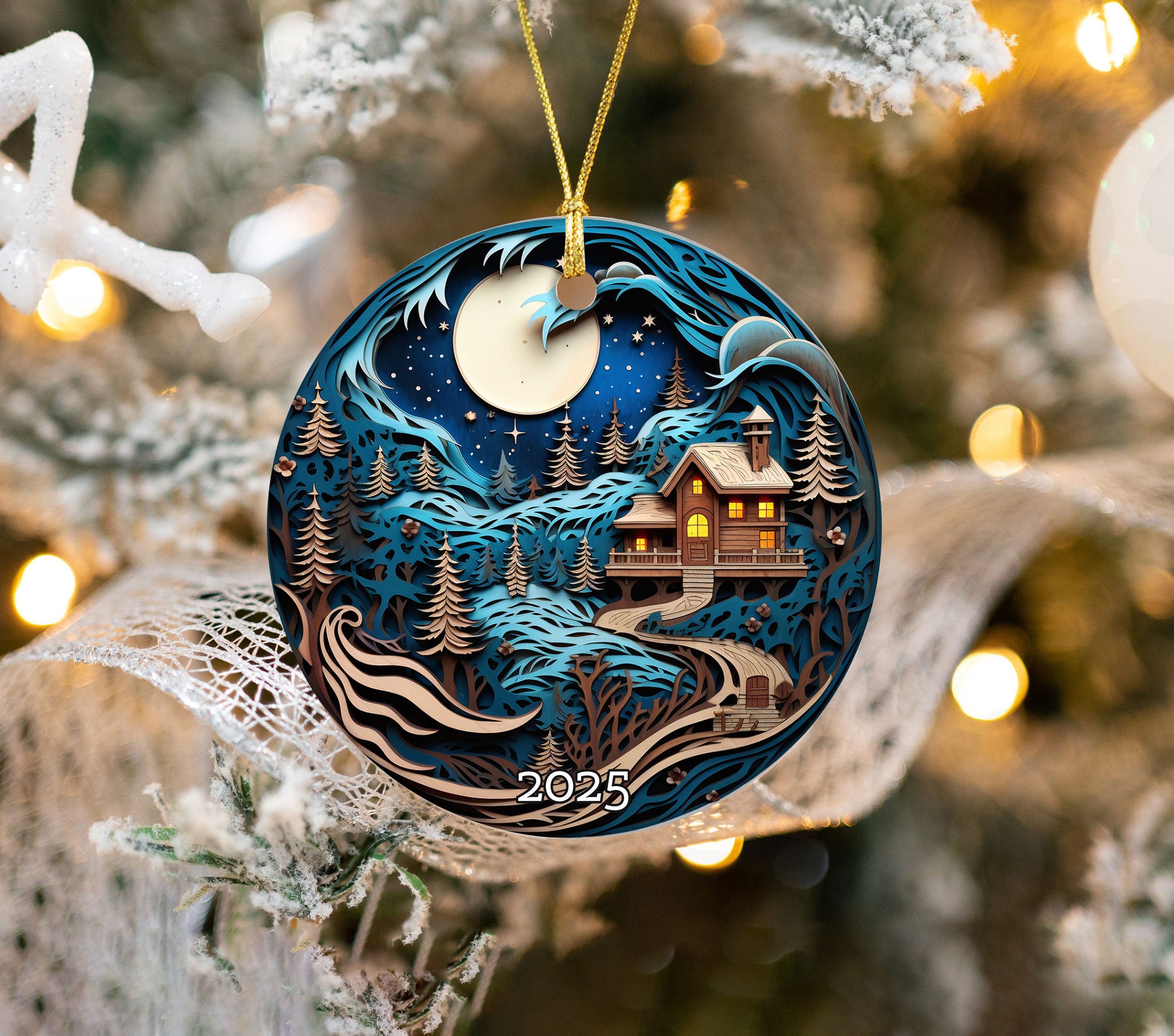 Moonlit Cabin in Snowy Forest Christmas Ornament, Holiday Decor