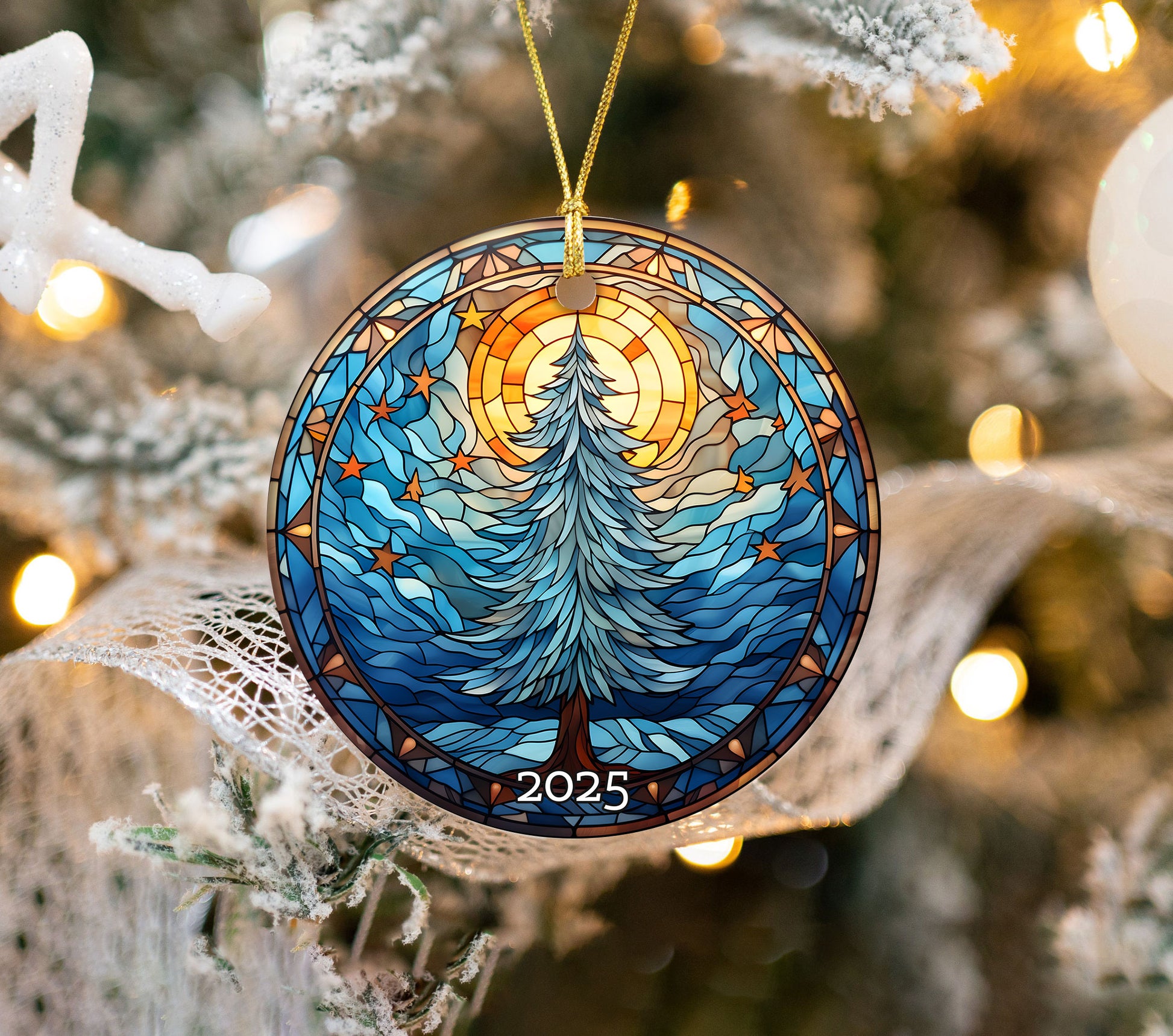 Christmas Tree Blue Tone Stained Glass Style Ceramic Ornament, Holiday Gift Exchanged