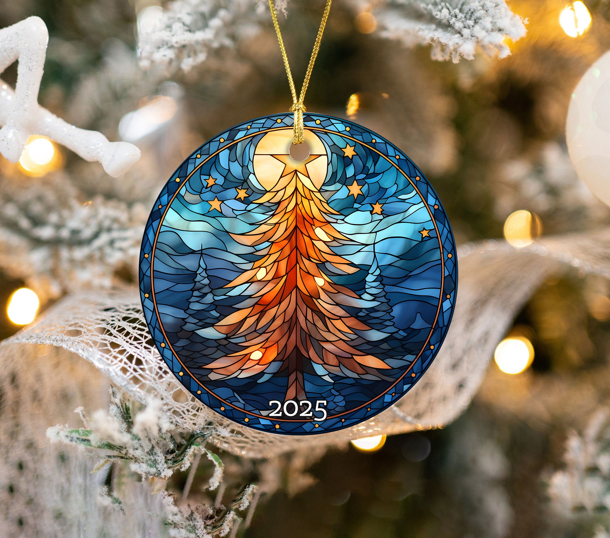 Christmas Tree Stained Glass Style Ceramic Ornament, Family Gift Exchanged, Holiday Decor